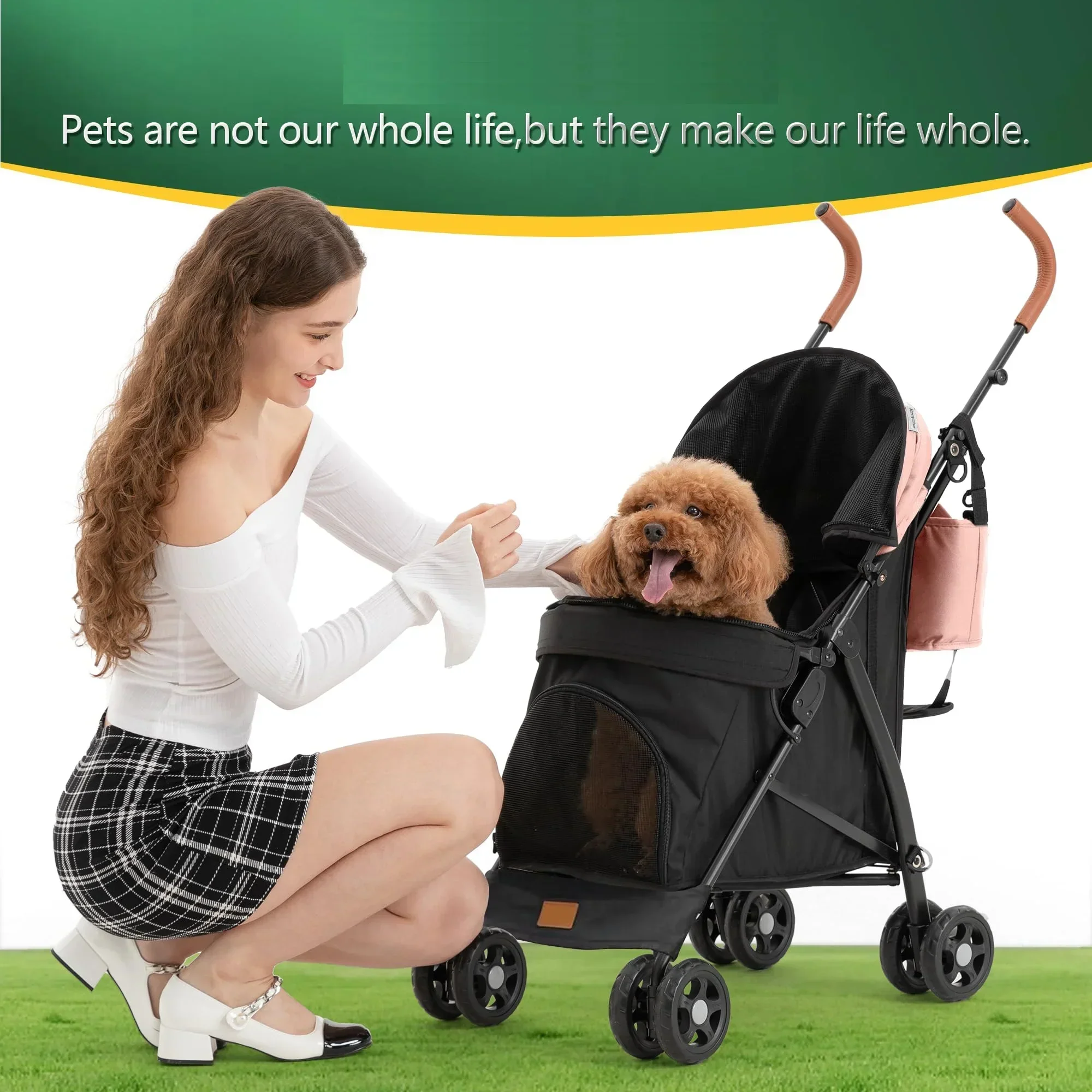 3 In 1 Folding Pet Stroller With Storage Basket And Cup Holder, Pink - Image 2
