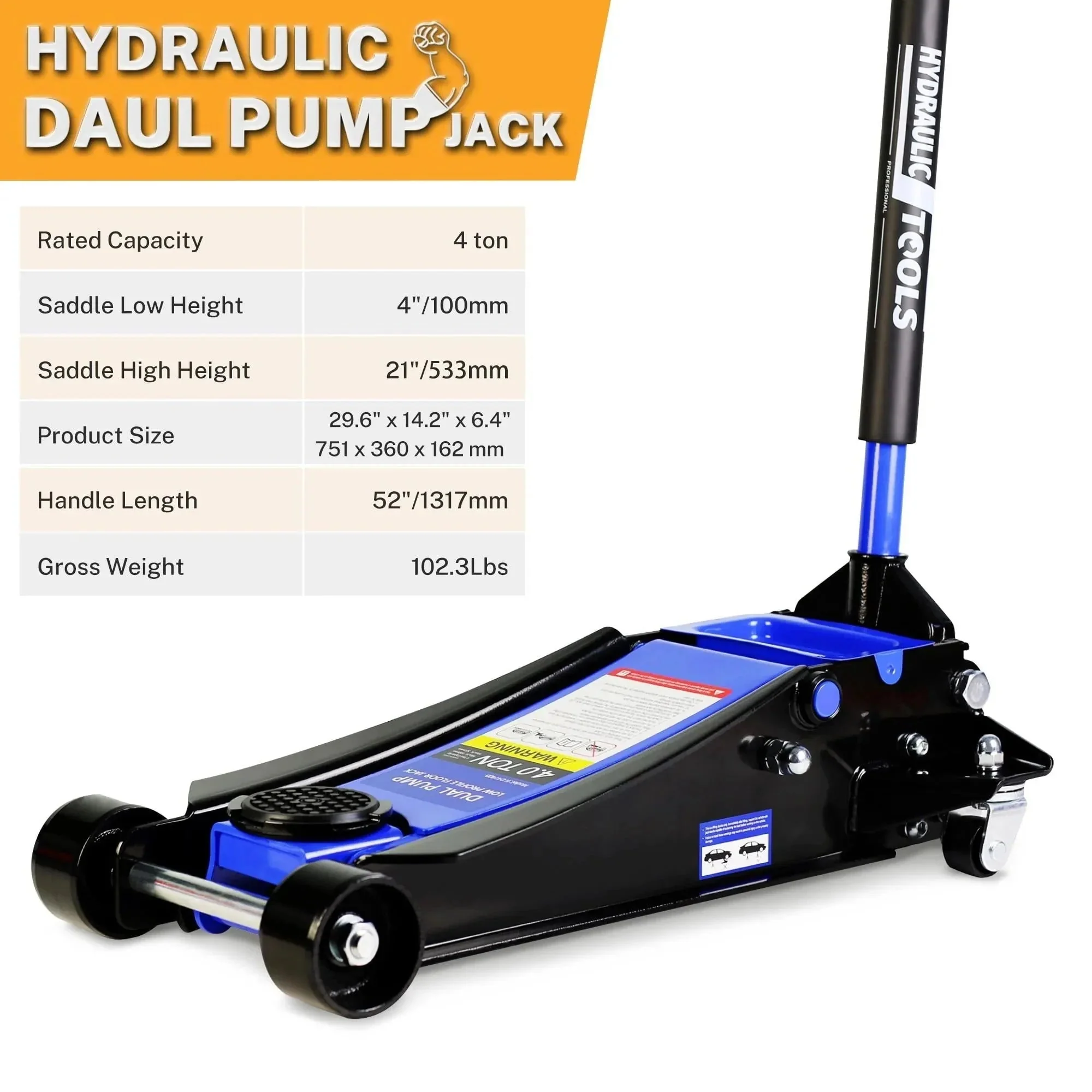 4-Ton Floor Jack, Low Profile Car Jack, Heavy-Duty Trolley Jack Car Lift with Dual Pump Pistons, Lifting Range 4"-21", 8000LBS - Image 4