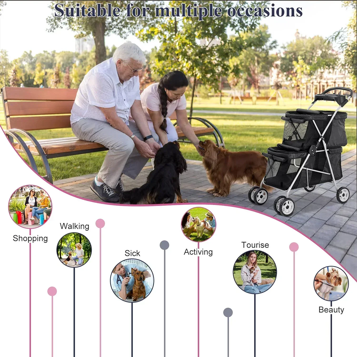 4-Wheel Foldable Pet Stroller With 2 Cages - Image 3
