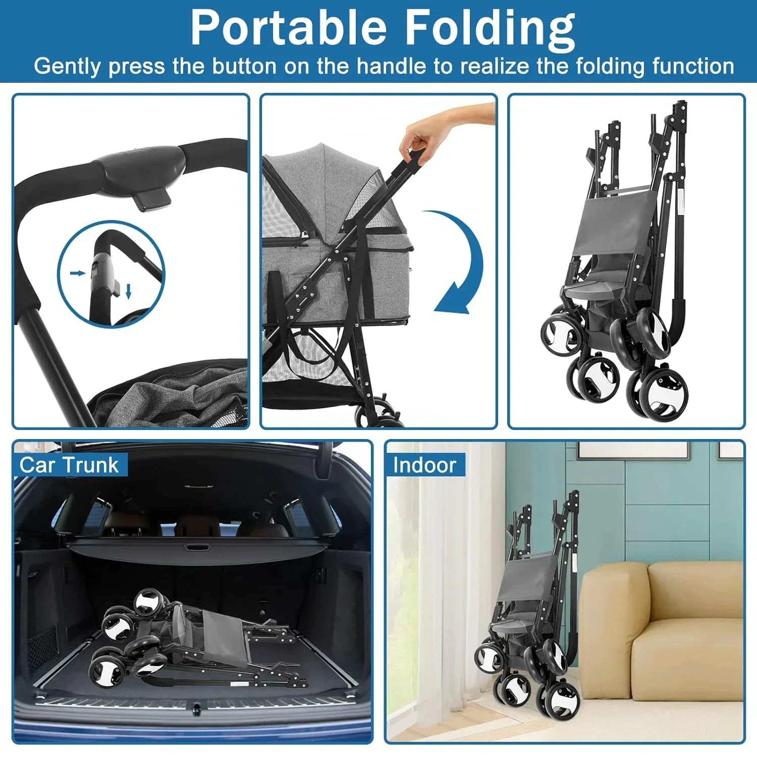 Dkeli 3-in-1 Folding Pet Stroller With Detachable Carrier And Car Seat, 44 Lbs - Image 2