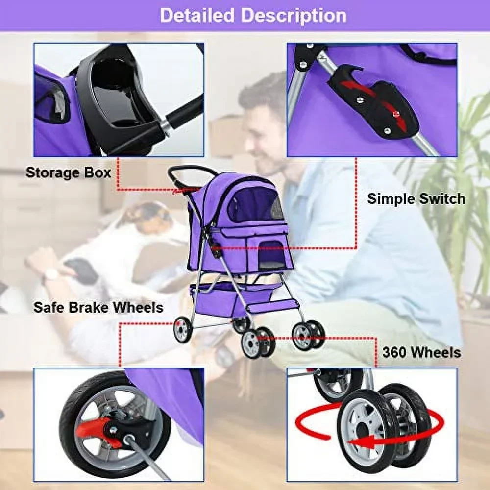 BestPet Cat Carrier Stroller, 4 Wheels, Purple - Image 7