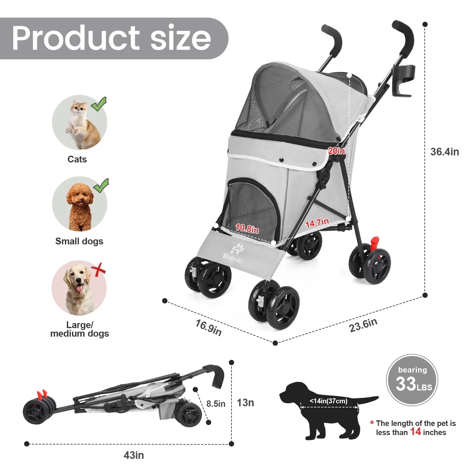 4-Wheel Foldable Cat And Dog Stroller With Storage Basket And 360 Degree Front Wheels - Gray - Image 4