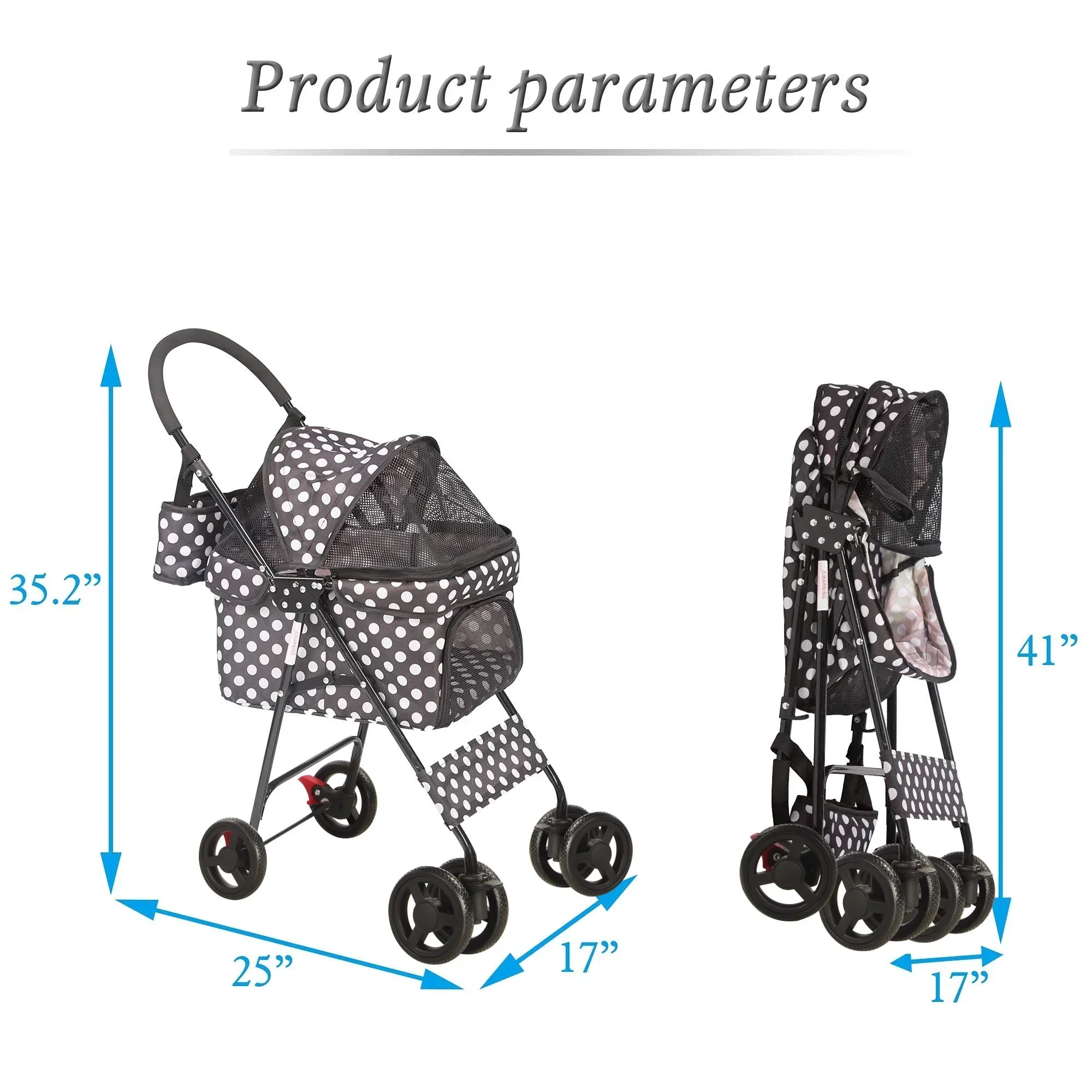 Foldable Pet Travel Stroller For Cats & Dogs, Waterproof, 4 Wheels, Black - Image 3