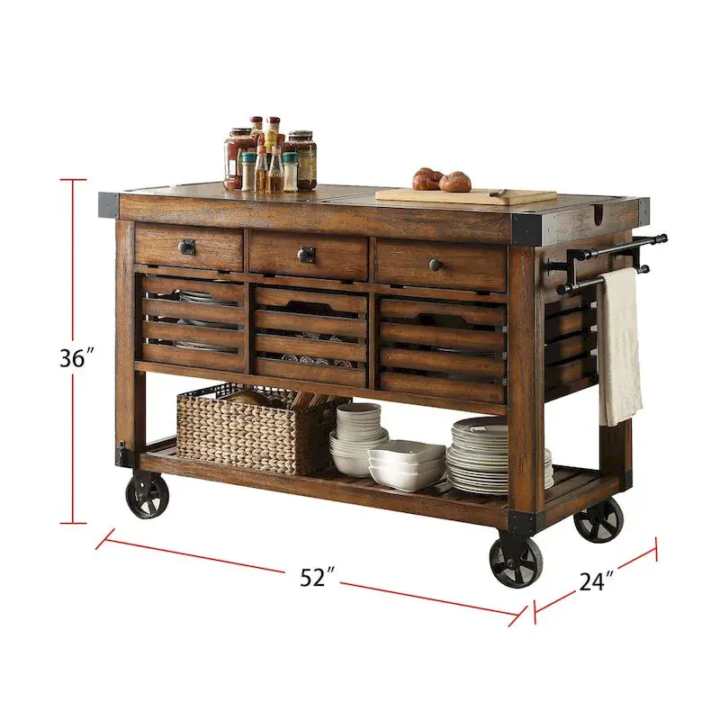 Kitchen Cart Rolling Island With 3 Storage Drawers - Distressed Chestnut - Image 3
