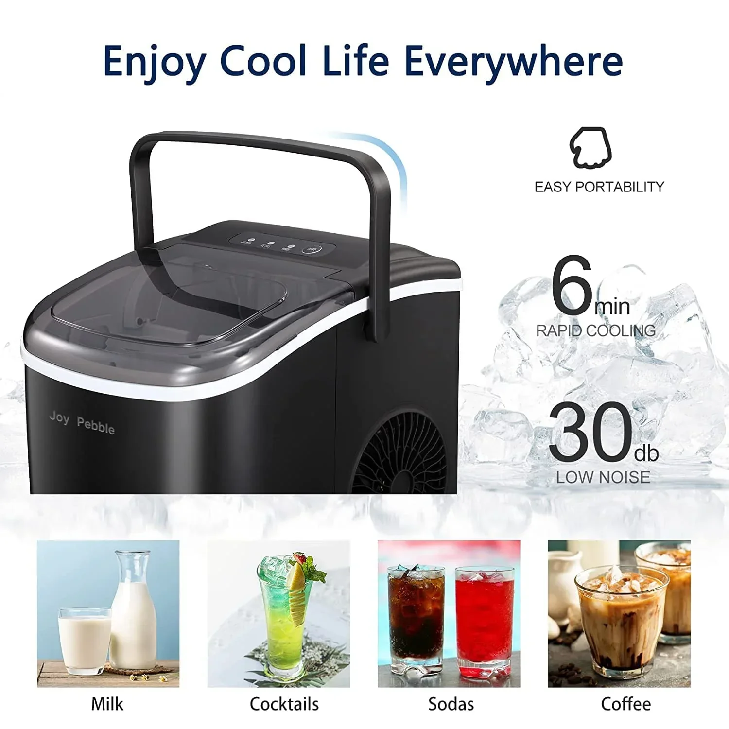 Joy Pebble Countertop Bullet Ice Maker With Handle, 9 Ice Cubes in 6 Mins, 26Lbs/24H - Image 6