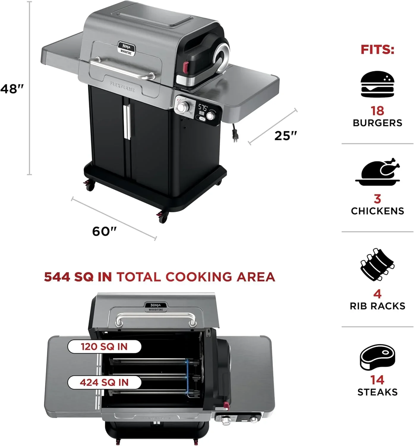 Ninja FlexFlame, Grill and Smoker, Electric and Propane Grill, Roaster, BBQ Grill, 5-in-1 Cooking System, 3 Burner, Digital Control, Outdoor Cooking, Griddle, Pizza Maker, Stainless Steel, PG301 - Image 12