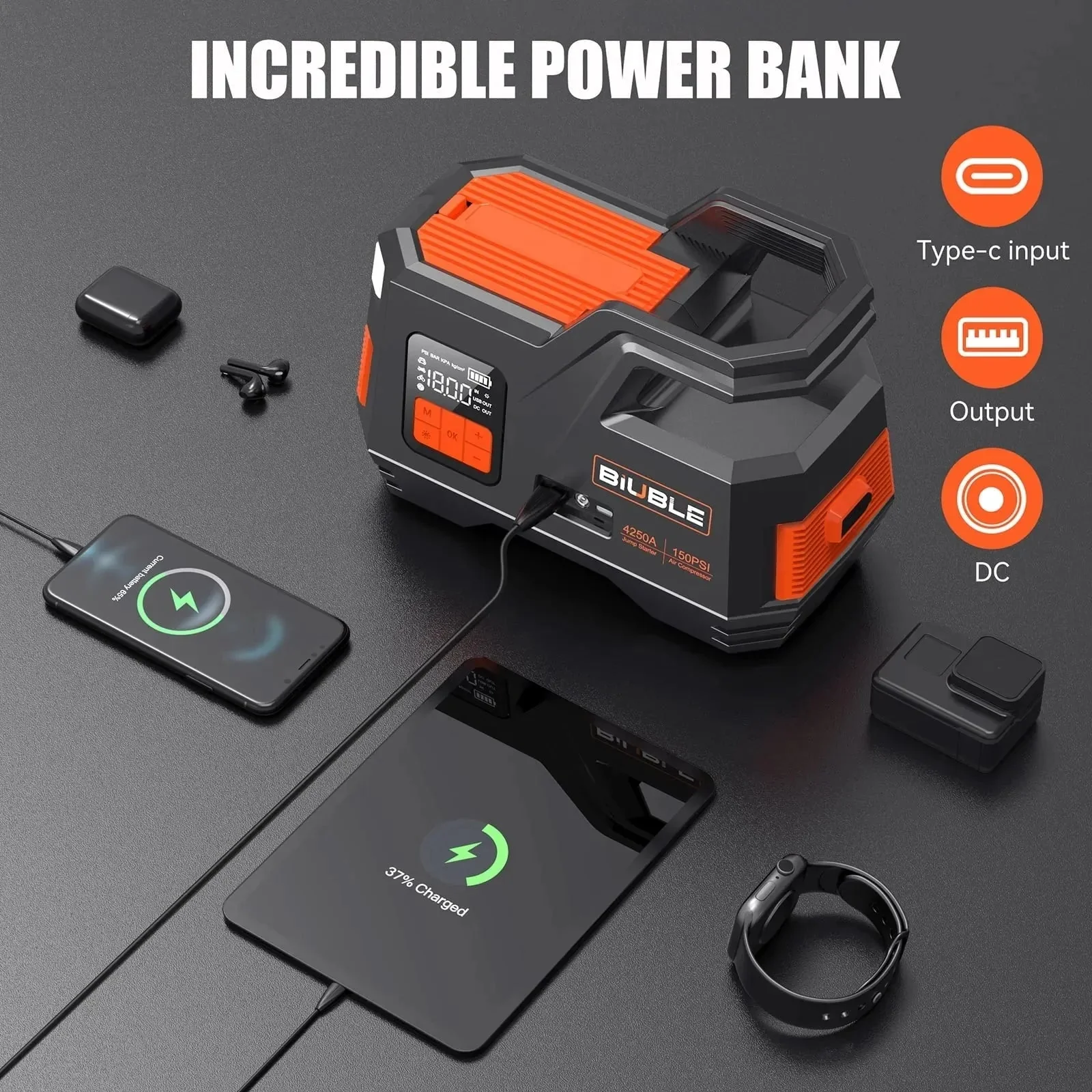 Car Jump Starter with Air Compressor, 4500A Peak 26800mAh 12V Auto with 150PSI Tire Inflatorup to All Gas or 10.0L Diesel Engine - Image 6