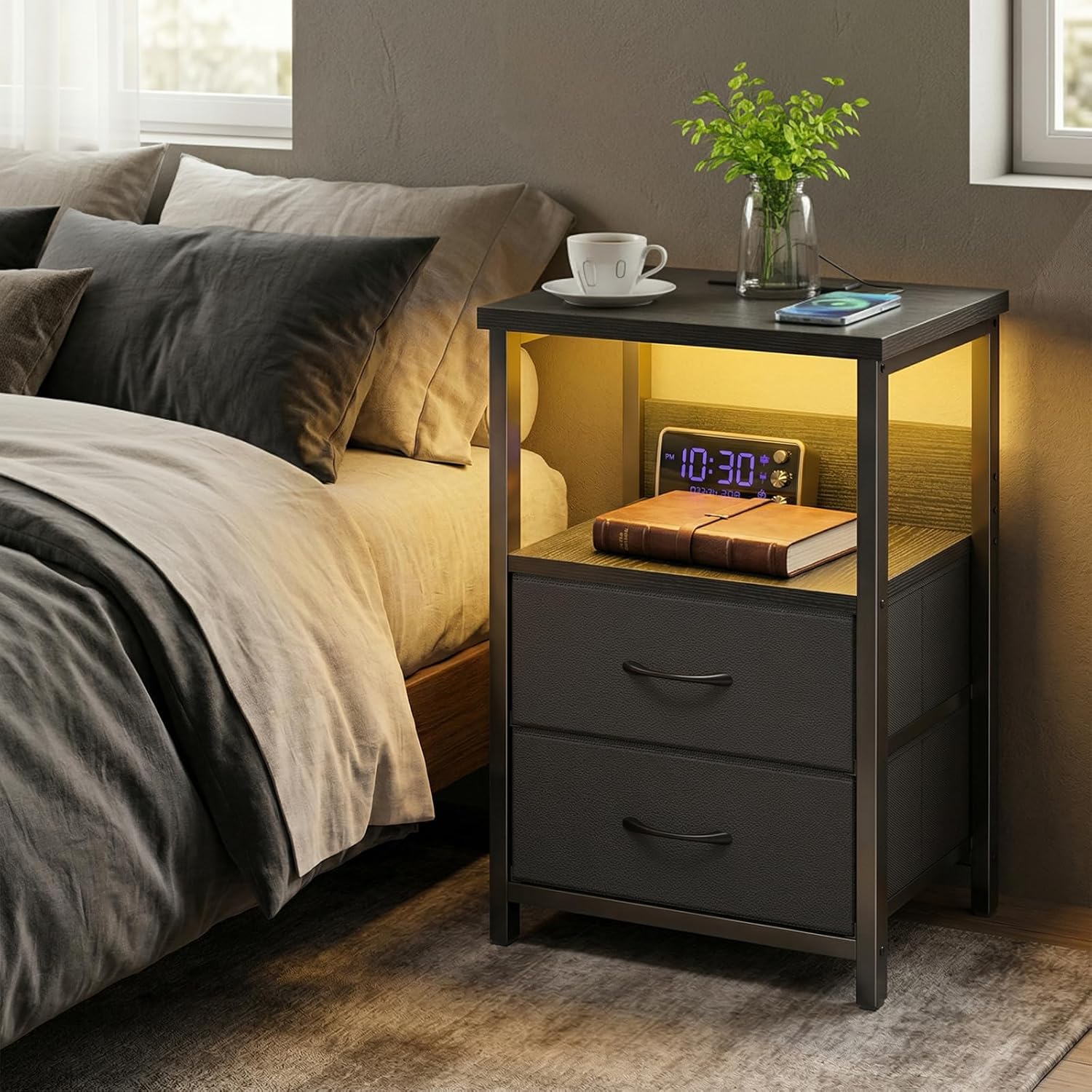 Black LED Nightstand with Charging Station, 2 Fabric Drawers & Open Shelves - Image 2