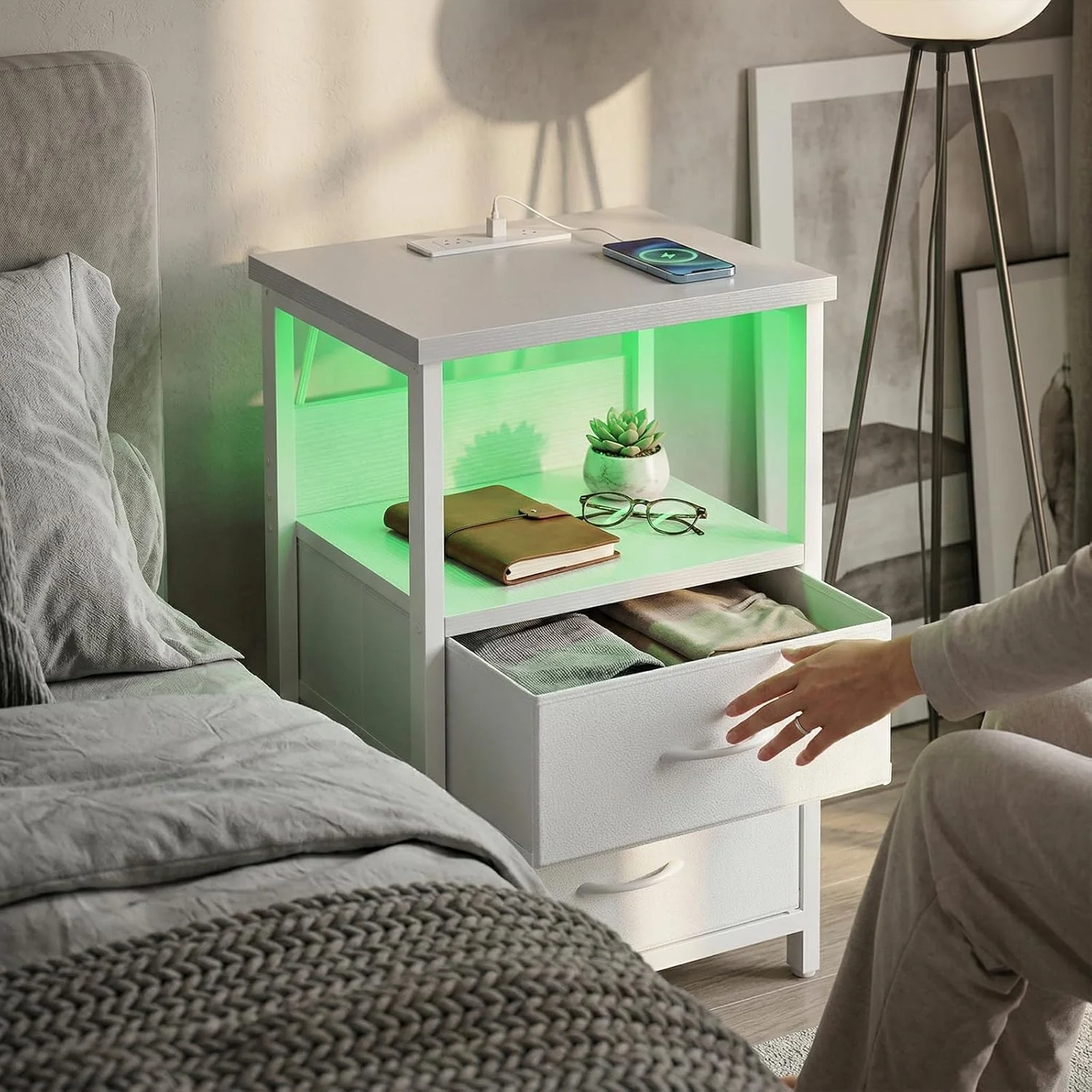 White LED Nightstand with Charging Station, 2 Fabric Drawers & Open Shelf - Image 7