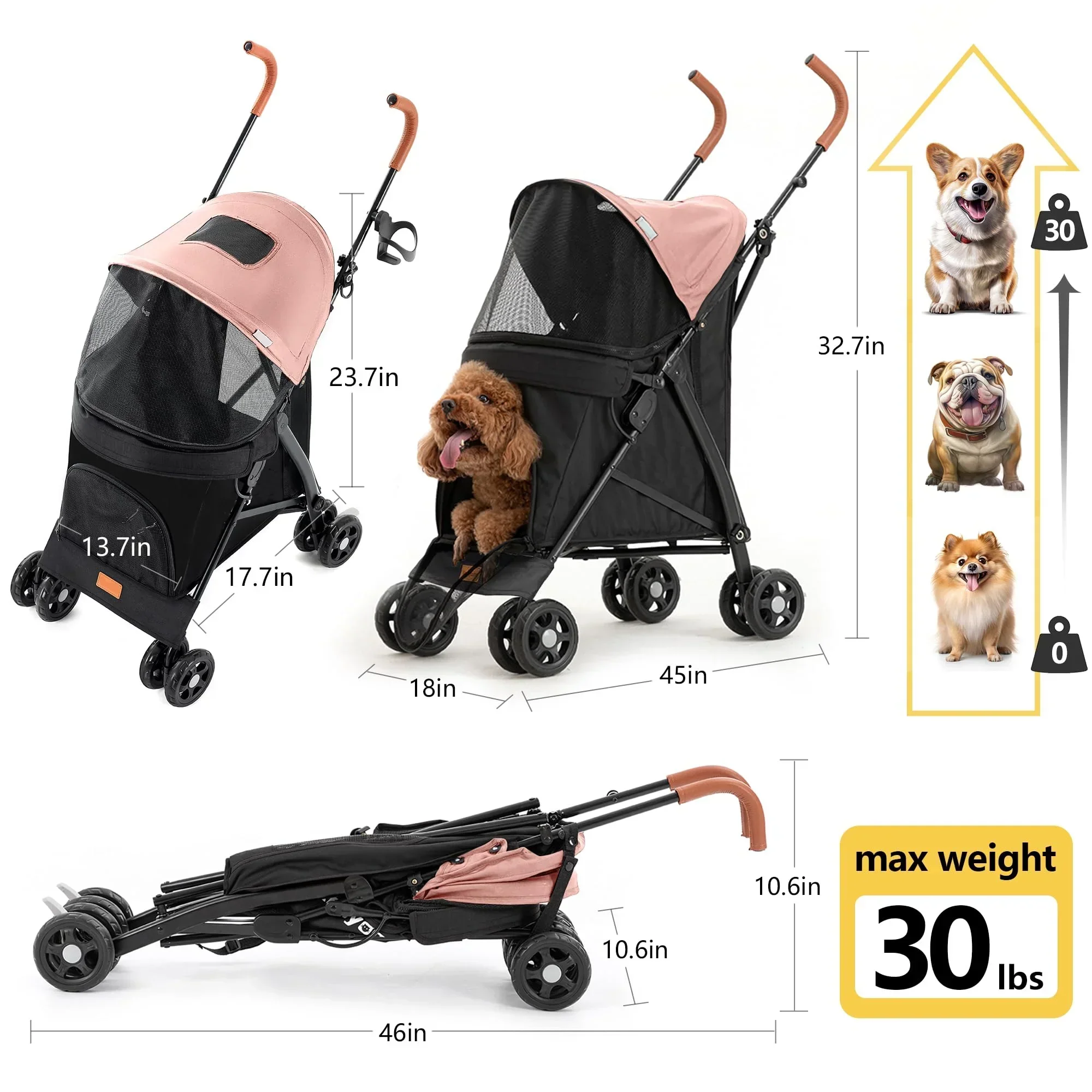 3 In 1 Folding Pet Stroller With Storage Basket And Cup Holder, Pink - Image 3