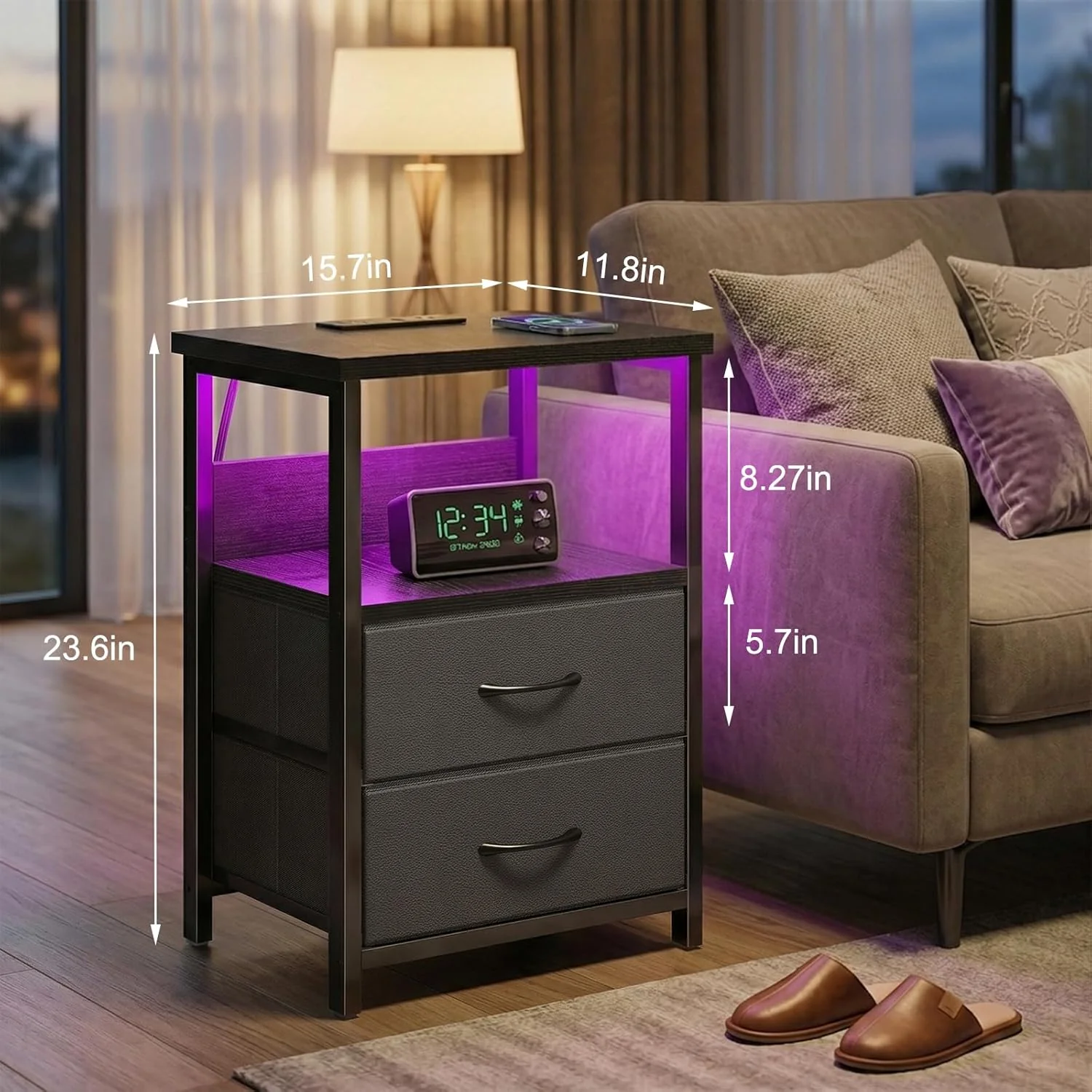 Black LED Nightstand with Charging Station, 2 Fabric Drawers & Open Shelves - Image 4