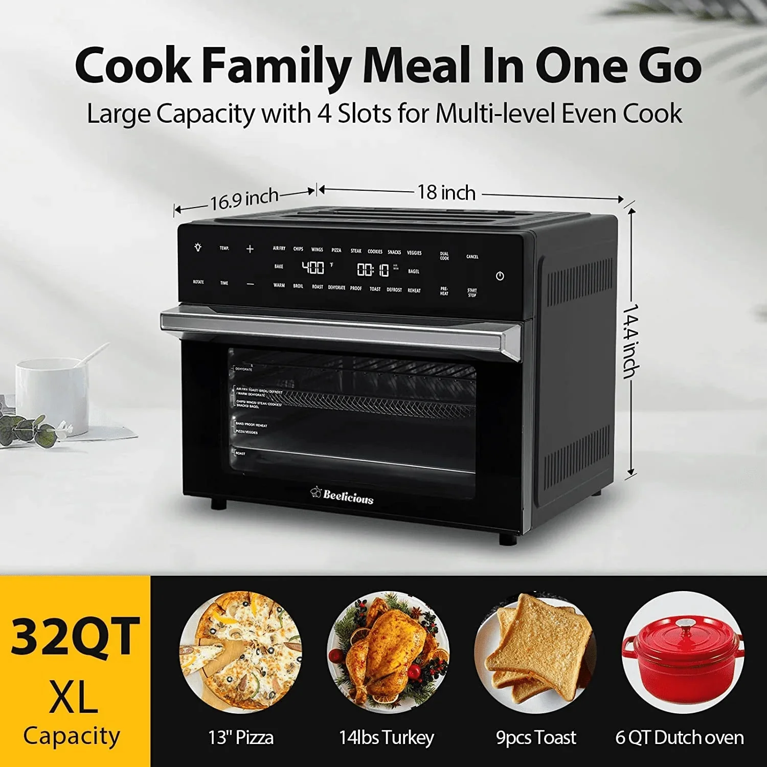 Beelicious 32QT Air Fryer Toaster Oven With Rotisserie And Dehydrator, 6 Accessories, 1800W, Black - Image 2