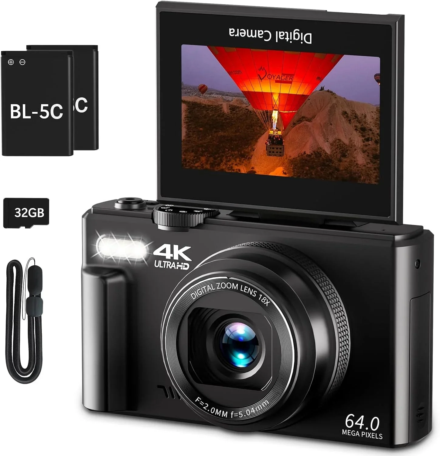 4K Digital Camera for Photography, 64MP Vlogging Camera for YouTube with 3" 180° Flip Screen, 18X Digital Zoom Point and Shoot Camara with 32GB Micro SD Card for Beginner (Black) - Image 2