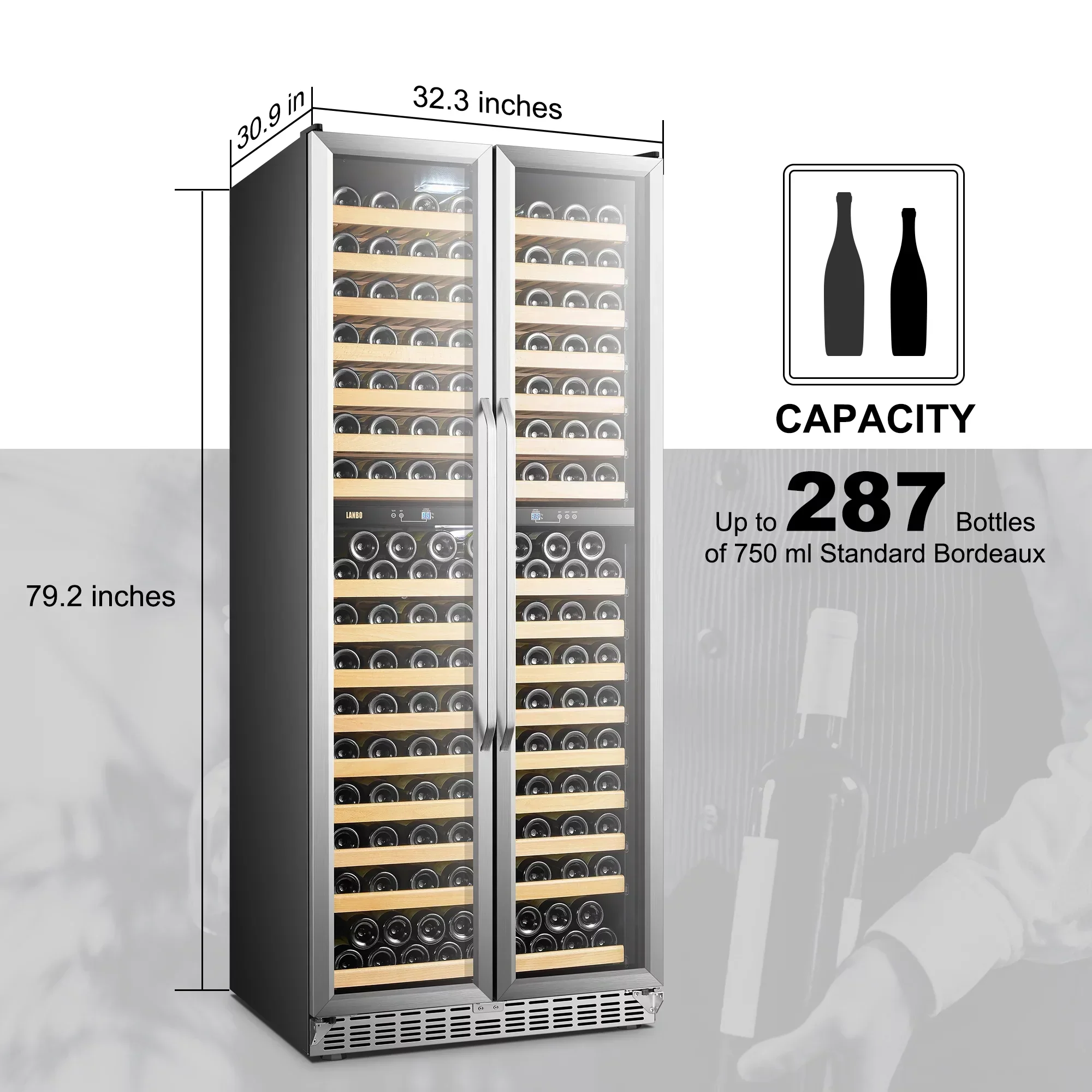 Lanbo 32 Inch 287 Bottle Dual Zone Compressor Freestanding Wine Refrigerator - LW328DD - Image 6