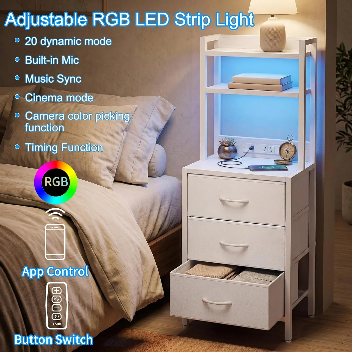 Tall White Nightstand with Charging Station, 3 Fabric Drawers, RGB LED & Bookshelf,White - Image 5