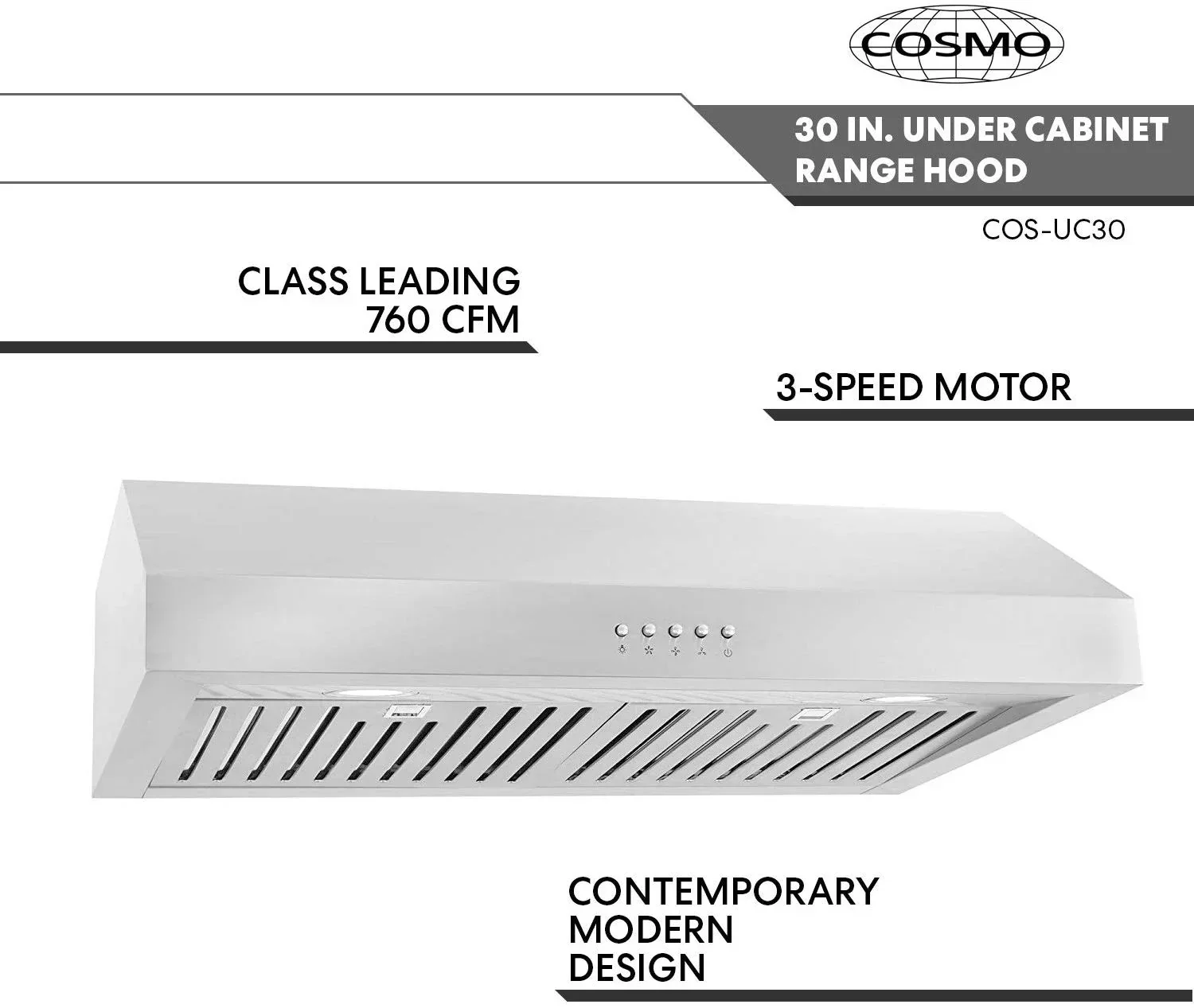 Cosmo Under-Cabinet Range Hood, 30-Inch, Silver - UC30 - Image 3