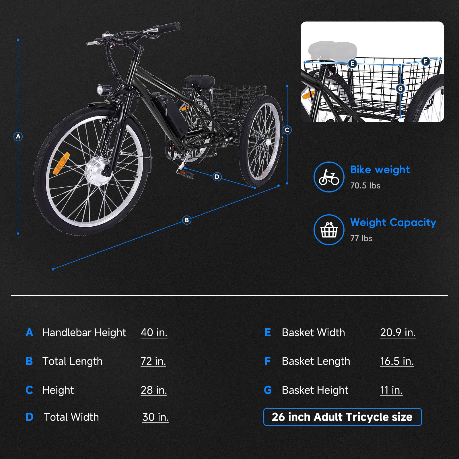26 Inch Adult 3 Wheel Electric Tricycle with Basket, Fat Tires,7 Speeds,350W Powerful Motor, 36V 10Ah Removable Battery Dark Gray - Image 9