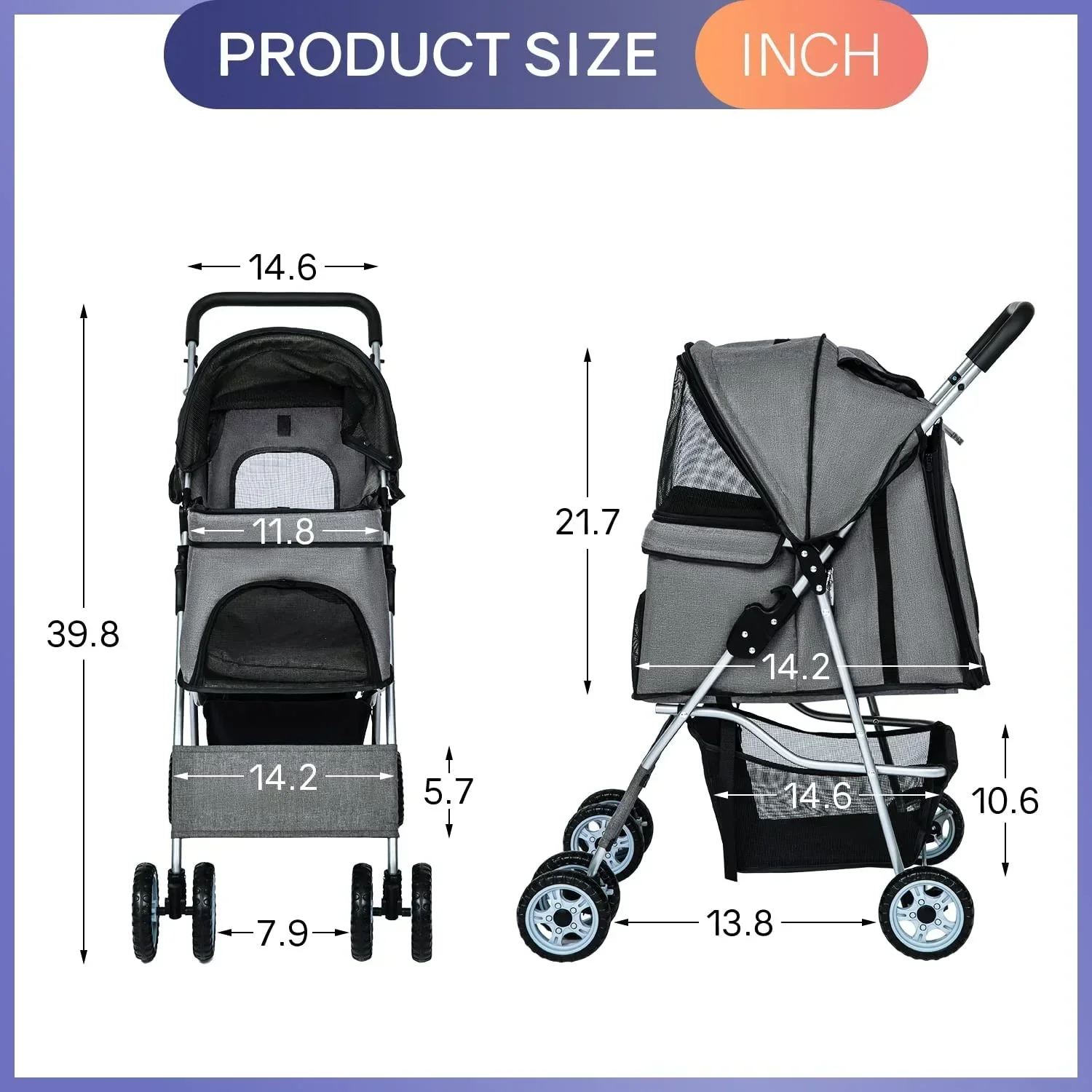 Dkelincs 4-Wheel Foldable Dog Cat Stroller Travel Carrier, Grey - 29.5in L x 18.9in W x 39.8in H - Image 7