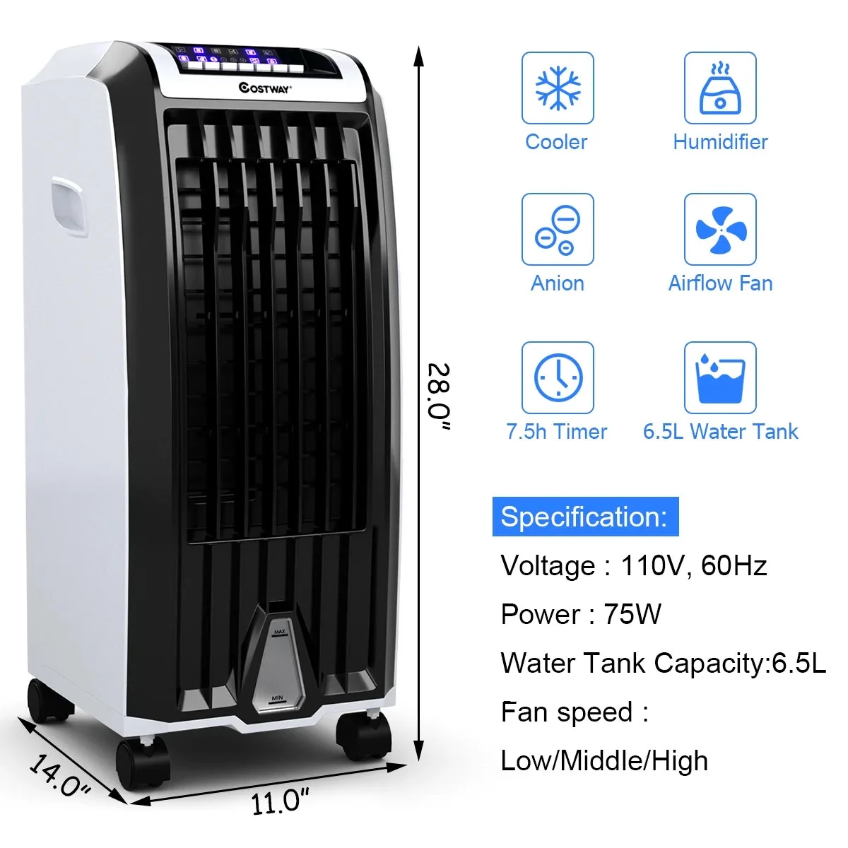 Costway Portable Evaporative Air Cooler Fan With Remote Control - 6.5L, White + Black - Image 11