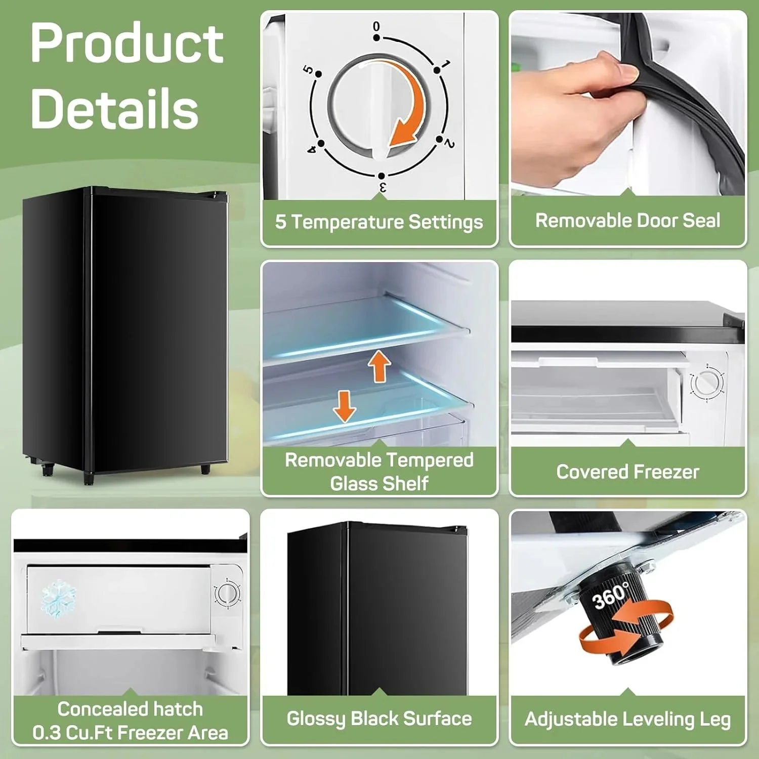 Mini Refrigerator With Internal Freezer, 3.2 Cu. Ft, Black, 17.5 x 17.7 x 31.5 in - Image 7