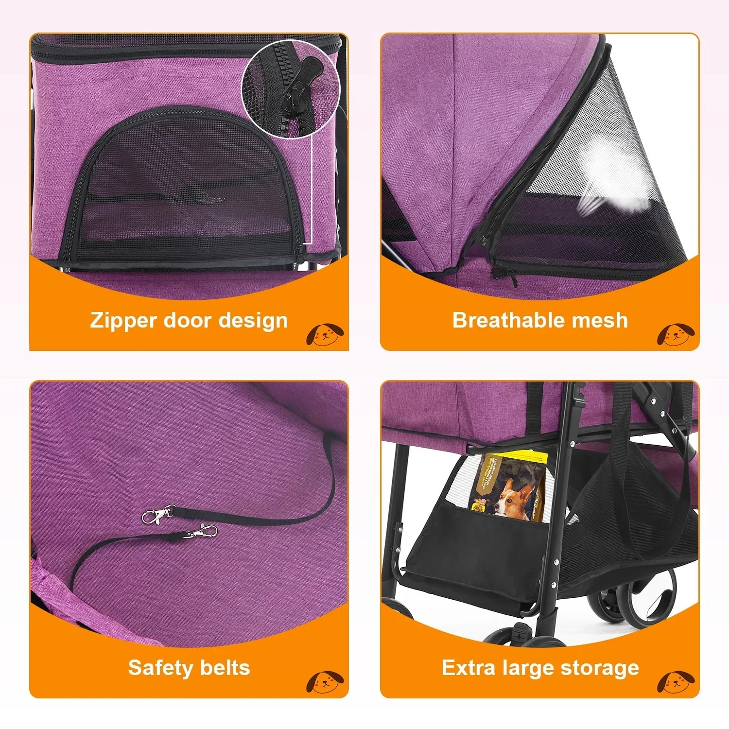 NiamVelo 3-in-1 Detachable Pet Stroller With 4 Wheels, Purple - Image 4