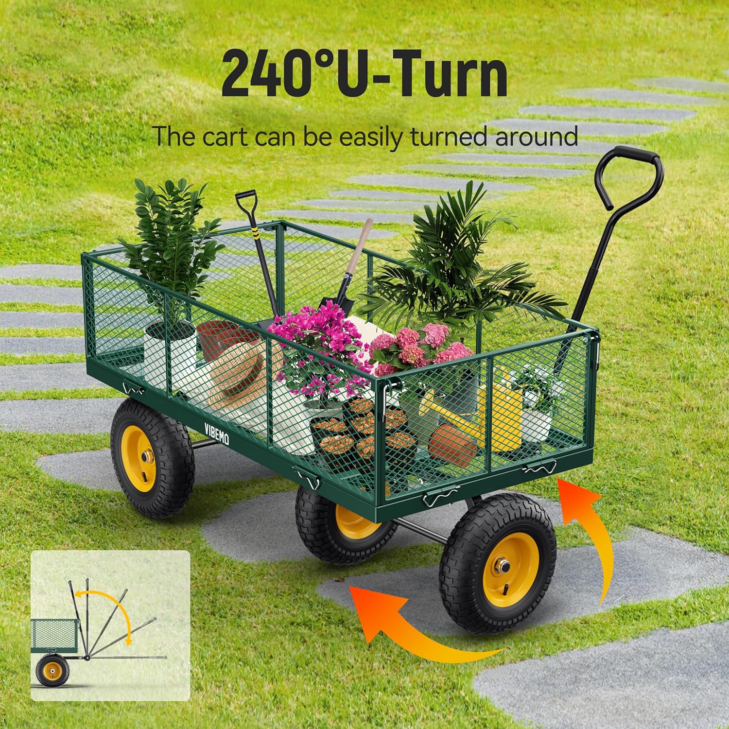 Steel Garden Cart 2-in-1 1400 lbs Heavy Duty Utility Wagon with Removable Mesh Sides to Convert into Flatbed 240?? U-Turn 13" Pneumatic Tires Garden Wagon for Farm Yard Lawn Garden Camping - Image 25