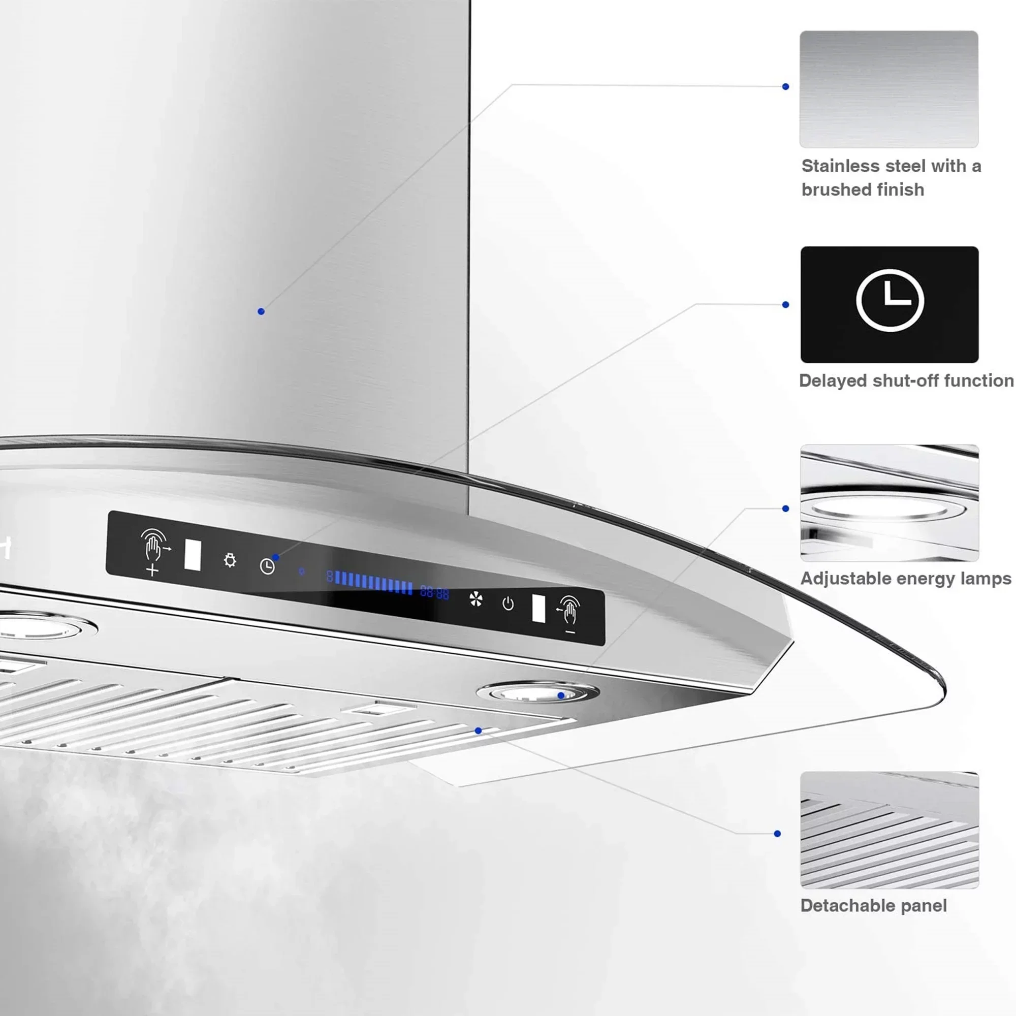 IKTCH Wall Mount Range Hood 30 Inch Tempered Glass Stainless Steel, 900 CFM - IKP03-30 - Image 2