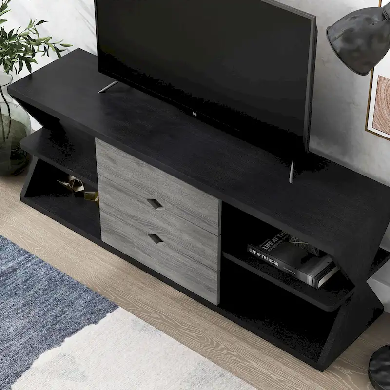 Ayala 60-Inch Modern Black and Distressed Grey TV Console with 4 Shelves and 3 Drawers - Image 4
