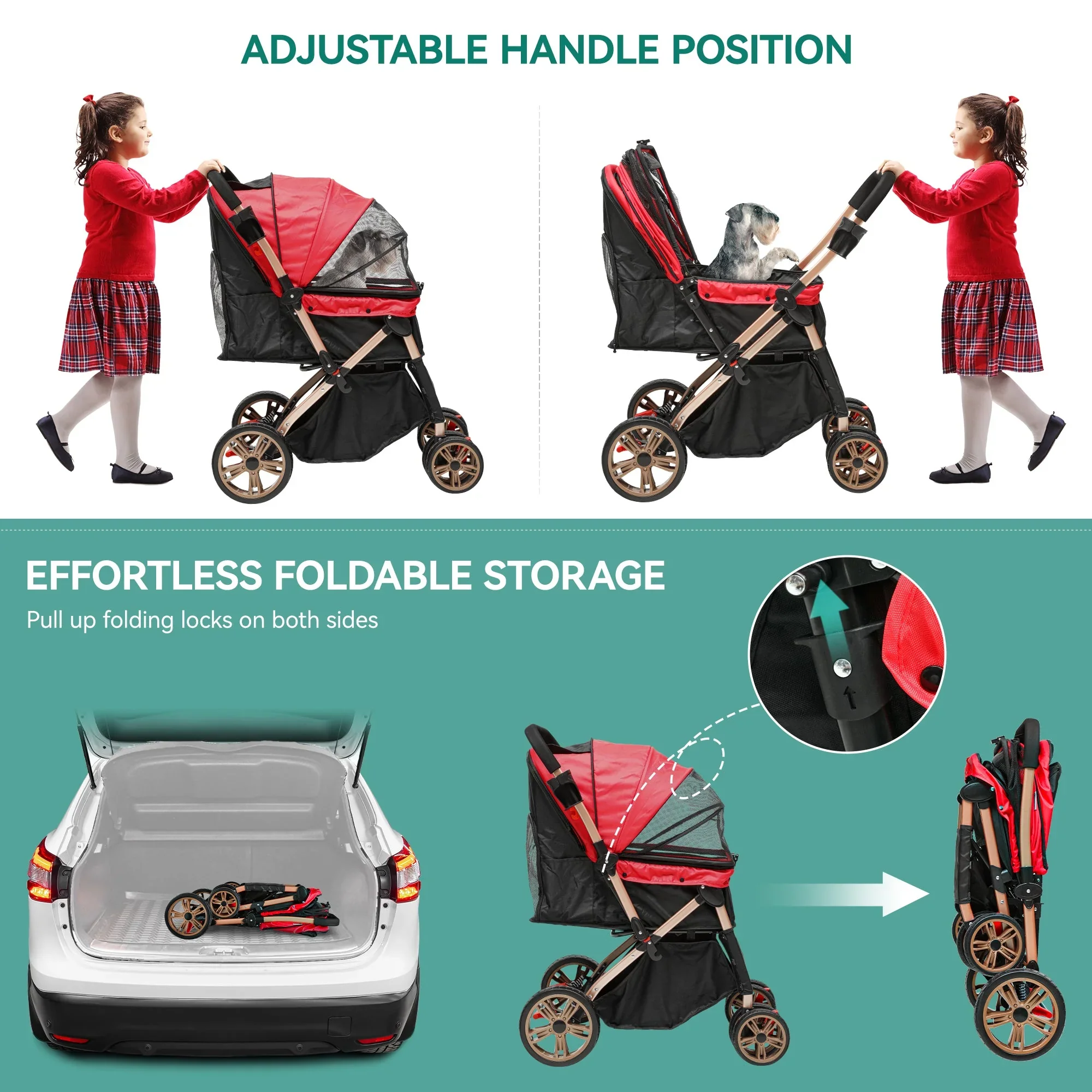 Dextrus 4-Wheel Foldable Pet Stroller With 7-inch Front And 10-inch Rear Wheels, 48.5 lbs Capacity - Image 3