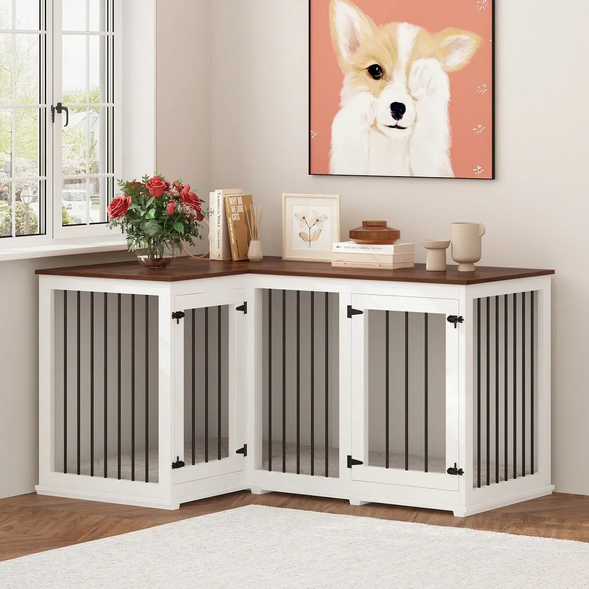 L Shape Corner Dog Crate Furniture For 2 Dogs, 58.7X41.1 - Image 2