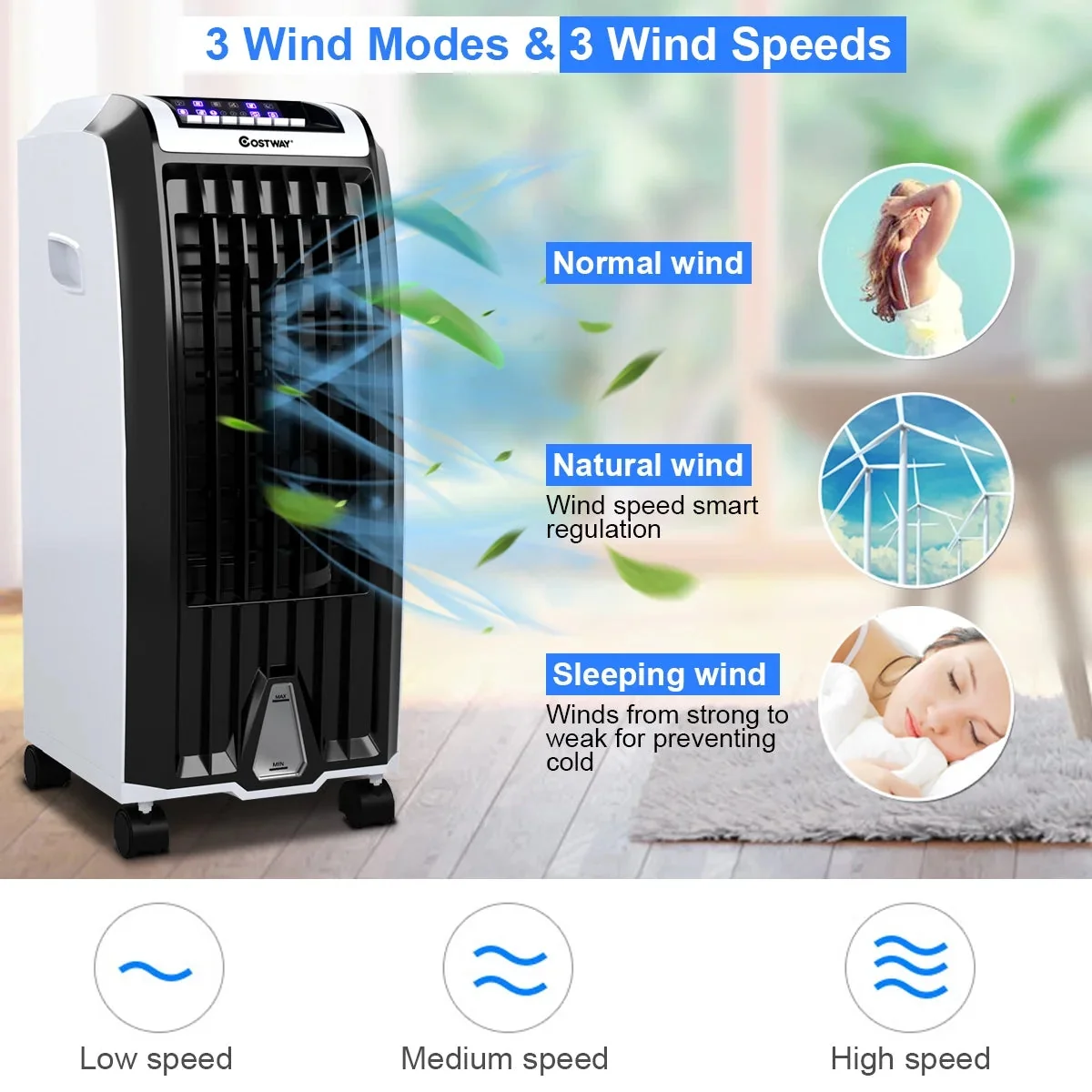 Costway Portable Evaporative Air Cooler Fan With Remote Control - 6.5L, White + Black - Image 3