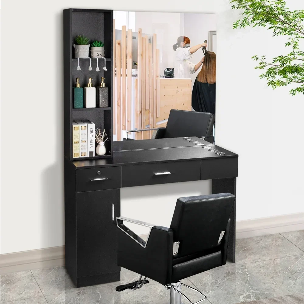 OmySalon Wall-Mount Barber Station With Mirror, 2 Drawers, 1 Storage Cabinet And 3 Open Shelves - Image 5