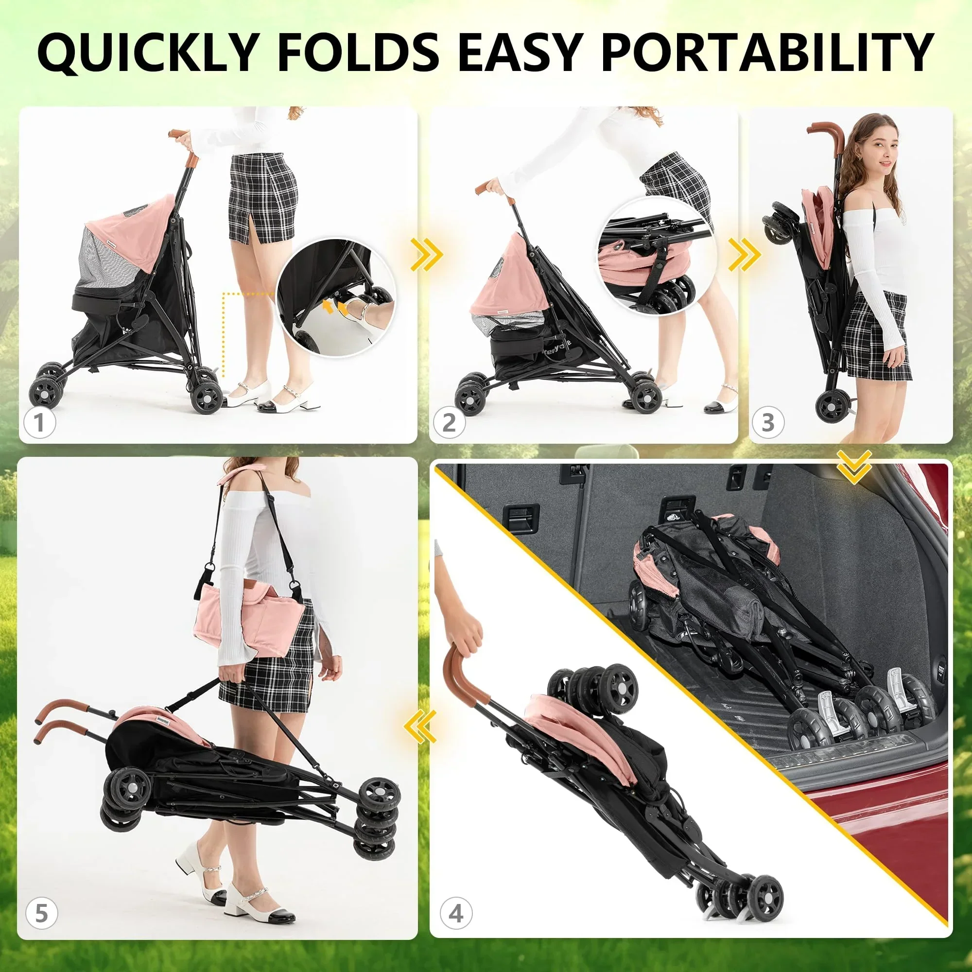 3 In 1 Folding Pet Stroller With Storage Basket And Cup Holder, Pink - Image 6