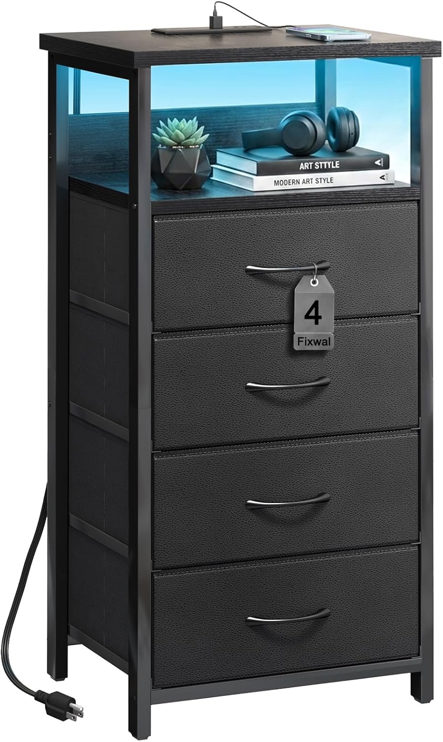 Black Tall Nightstand with Charging Station, 4 Fabric Drawers, RGB LED & Open Shelves - Image 3