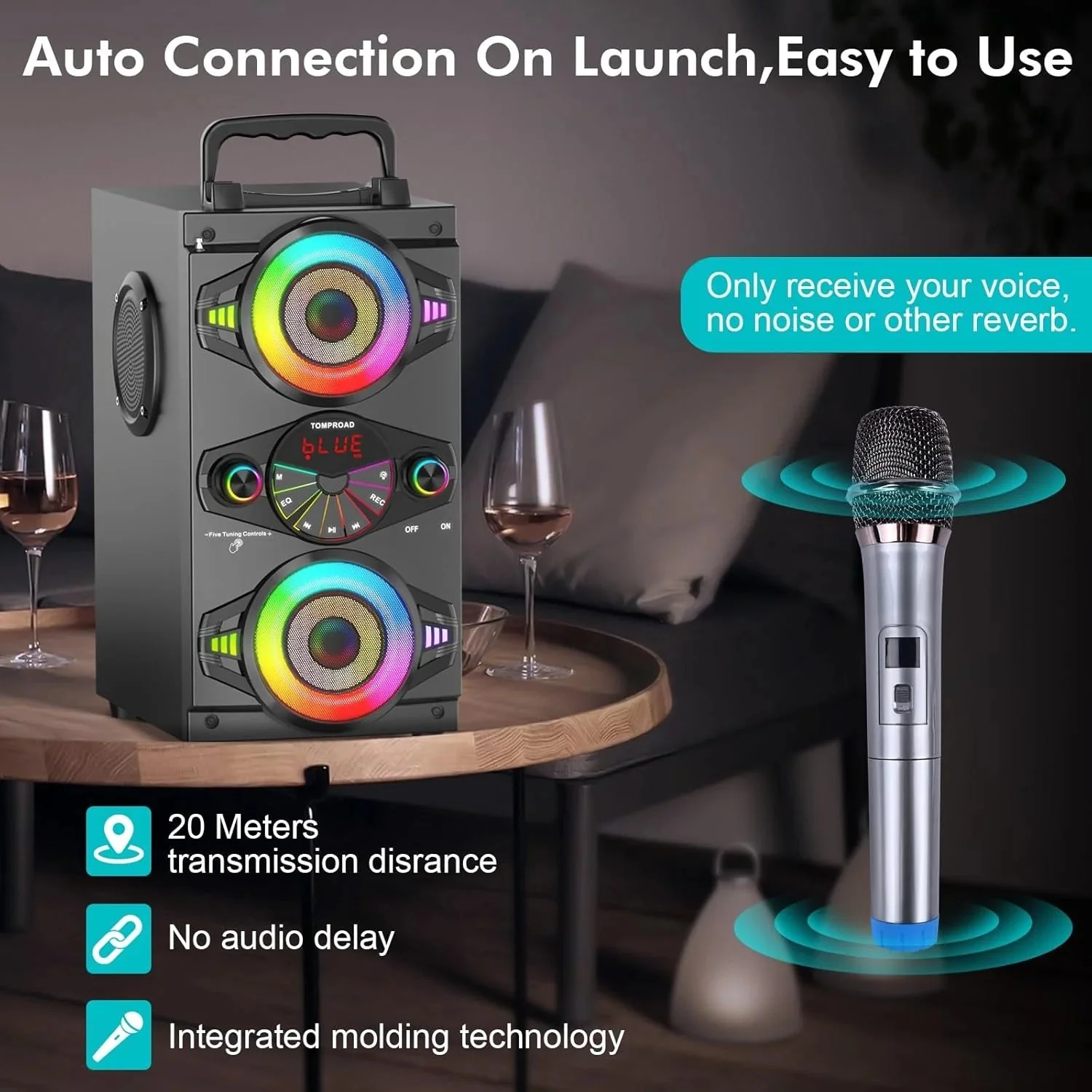 Speakers, 60W Portable Wireless Loud Outdoor Home Party Bluetooth Speaker with Subwoofer, FM Radio, LED Colorful Lights, Microphone, Remote and Big Powerful Stereo Deep Bass Sound Boombox - Image 5