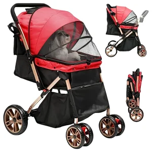 Dextrus 4-Wheel Foldable Pet Stroller With 7-inch Front And 10-inch Rear Wheels, 48.5 lbs Capacity