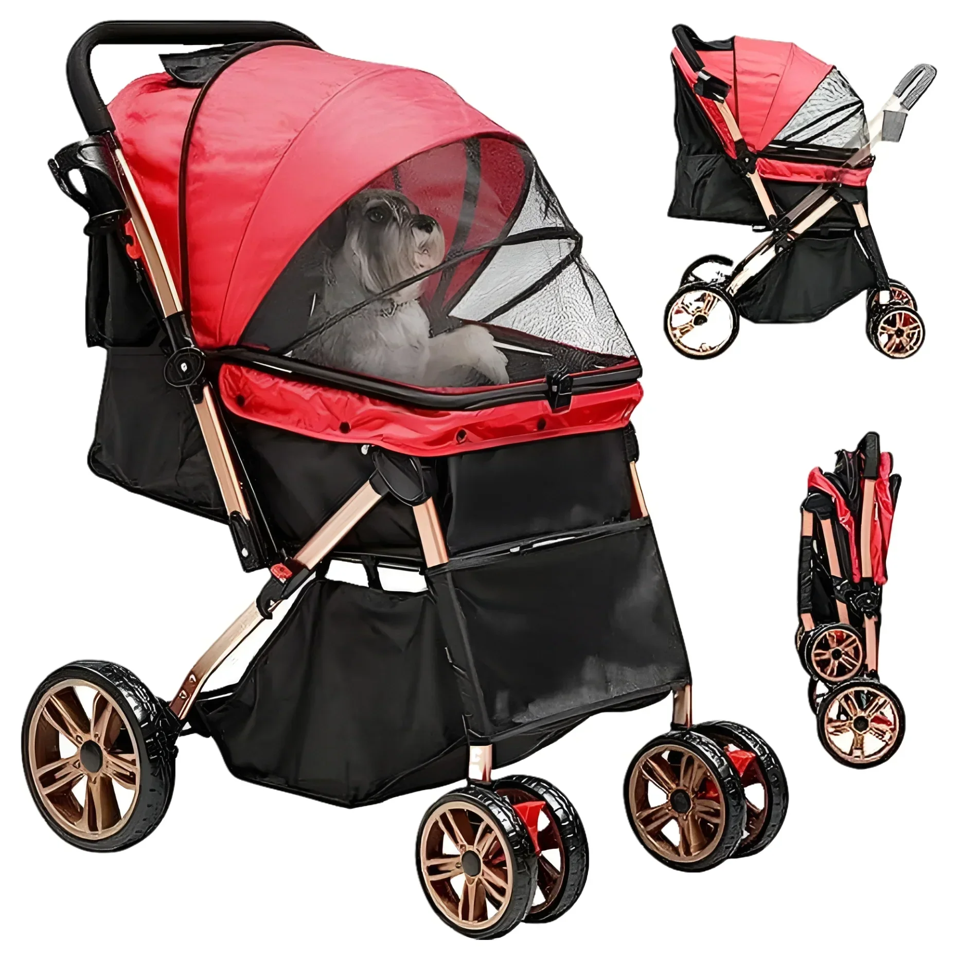 Dextrus 4-Wheel Foldable Pet Stroller With 7-inch Front And 10-inch Rear Wheels, 48.5 lbs Capacity