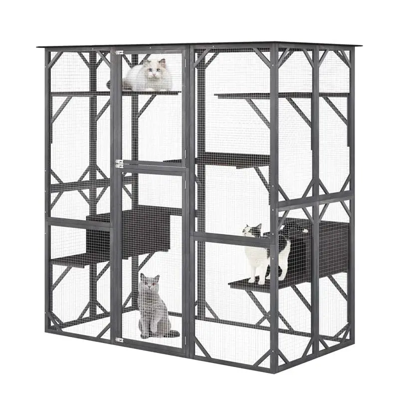 71-Inch Outdoor Wooden Catio Enclosure With 7 Platforms And 2 Condos - Grey - Image 5
