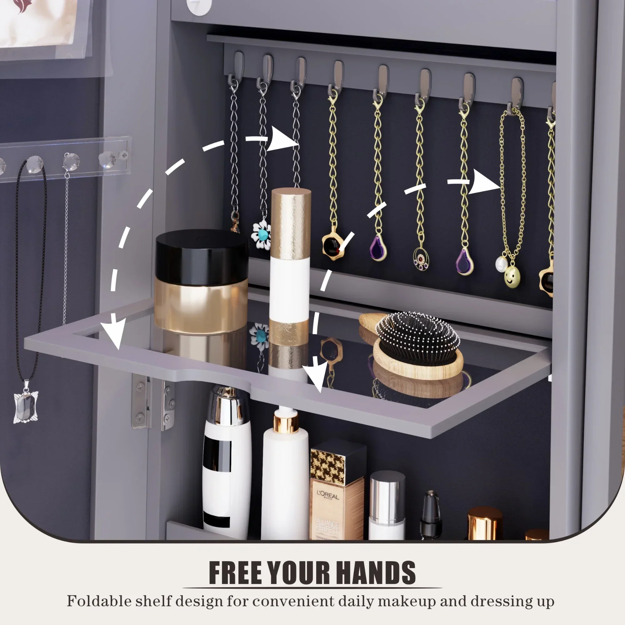 FREDEES Standing Jewelry Cabinet With Full-Length Mirror, Lights, Engineered Wood, Gray, 14 in D x 15 in W x 64 in H - Image 8