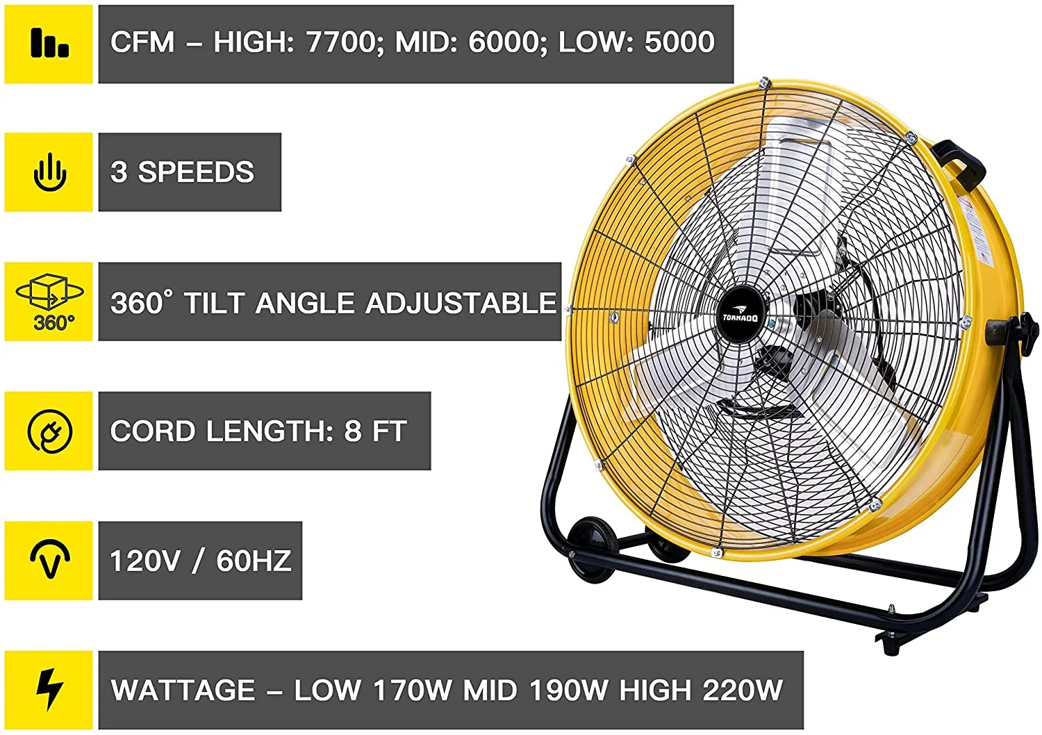Tornado 24 Inch High Velocity 3-Speed Drum Air Circulator Fan, 7800 CFM, Yellow - HI-FAN-DRUM24-1P - Image 3