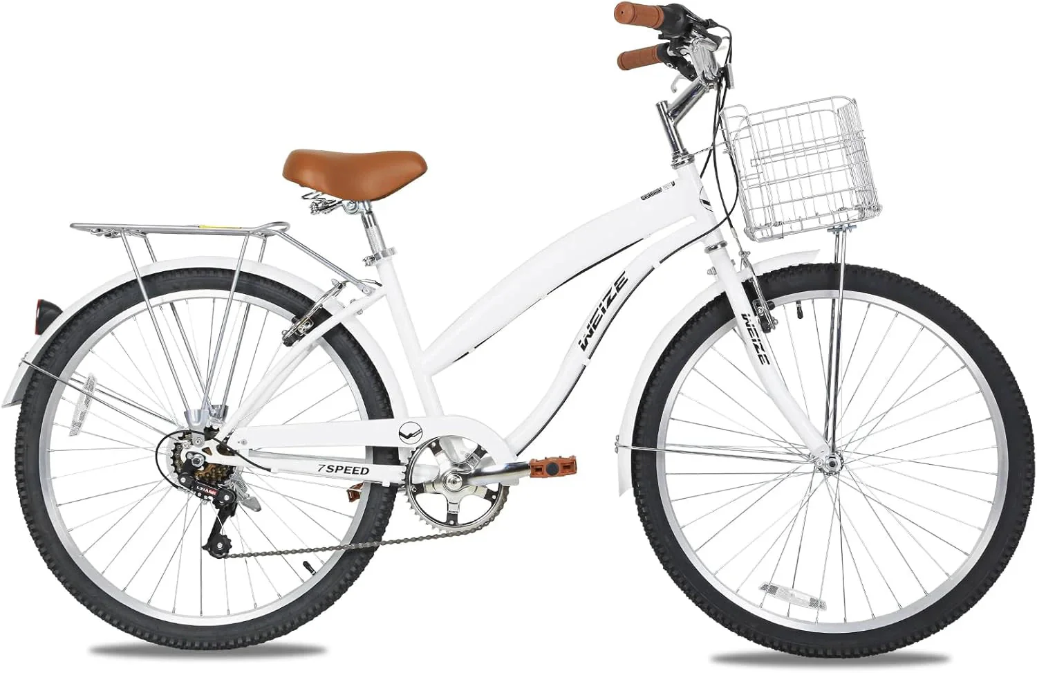 WEIZE Beach Cruiser Bike, 26 inch Commuter Bicycle for Adult Men and Women, 7-Speed/High-Carbon Steel/Front & Rear Fenders, Comfortable City Bikes with Rear Rack or Basket, Ergonomic Upright Design - Image 5