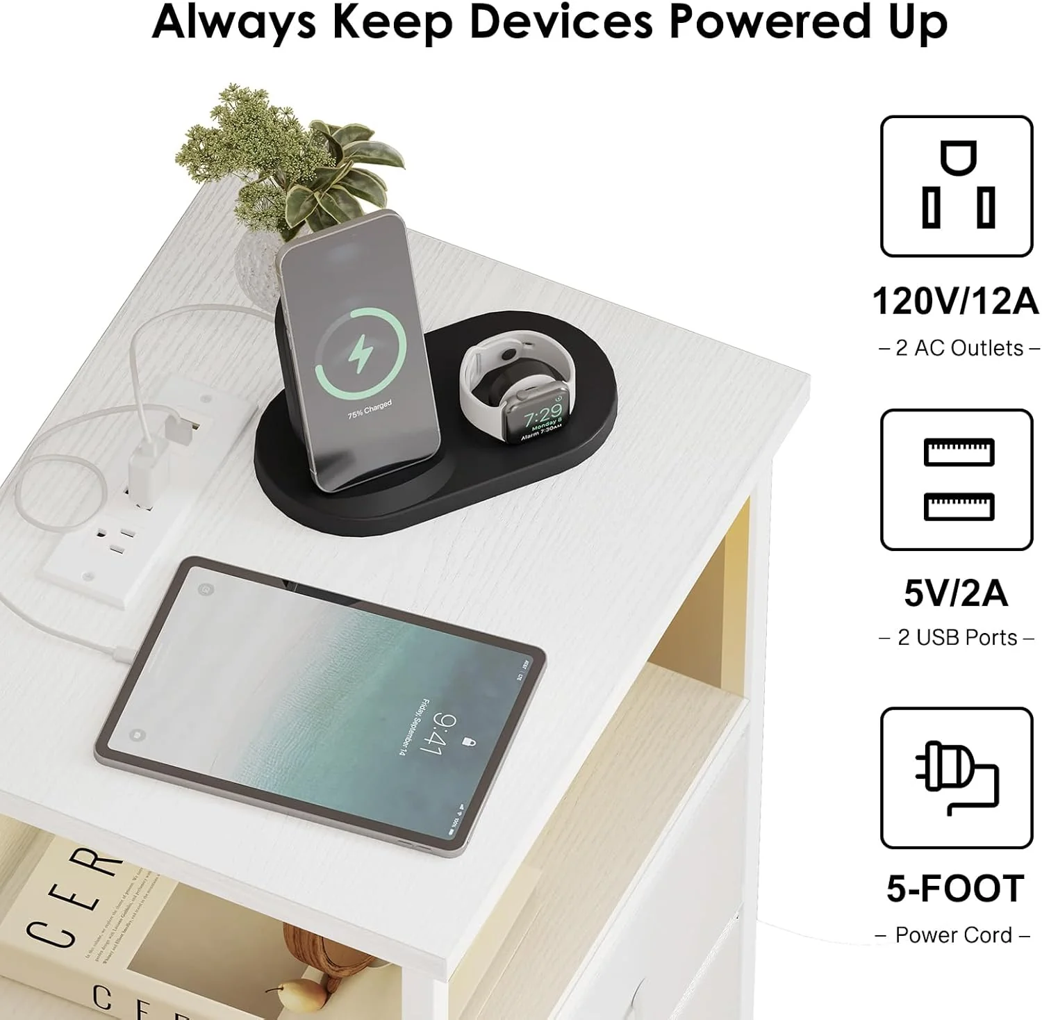 White LED Nightstand with Charging Station, 2 Fabric Drawers & Open Shelf - Image 6