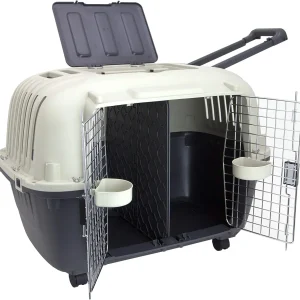 SportPet Designs Plastic Airline Approved Rolling Dog Kennel With Wire Door, XXX-Large, Gray, 48in L x 32in W x 36in H