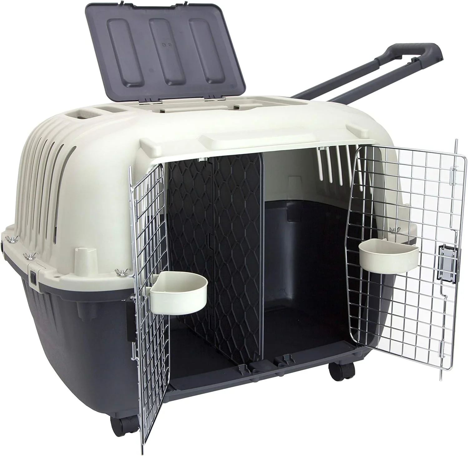 SportPet Designs Plastic Airline Approved Rolling Dog Kennel With Wire Door, XXX-Large, Gray, 48in L x 32in W x 36in H