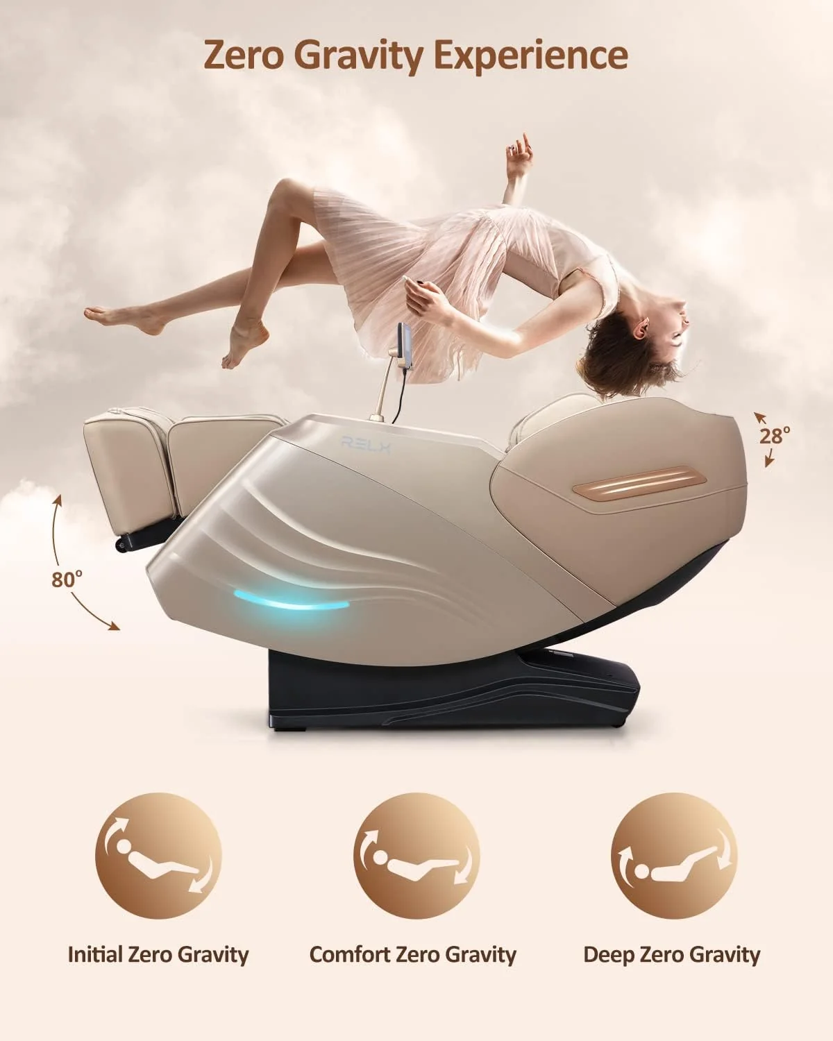 RELX Full Body Zero Gravity SL-Track Shiatsu Massage Chair, Cream - Image 6