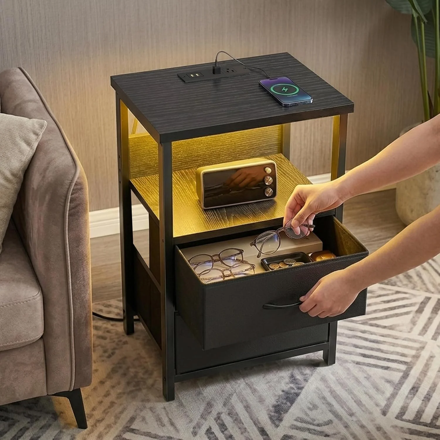 Black LED Nightstand with Charging Station, 2 Fabric Drawers & Open Shelves - Image 7
