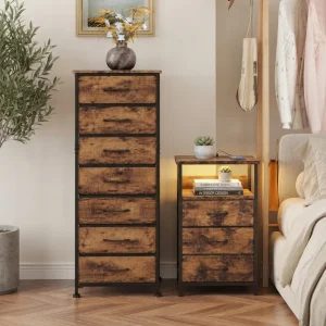 Rustic Nightstand & Tall Dresser Set, LED Nightstand with Charging Station, 10 Drawers