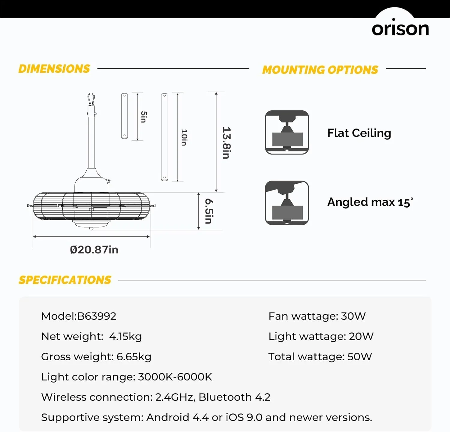 Orison Outdoor Plug-In Ceiling Fan With Light, Yellow, 21in D x 21in W x 10in H - B63992 - Image 6