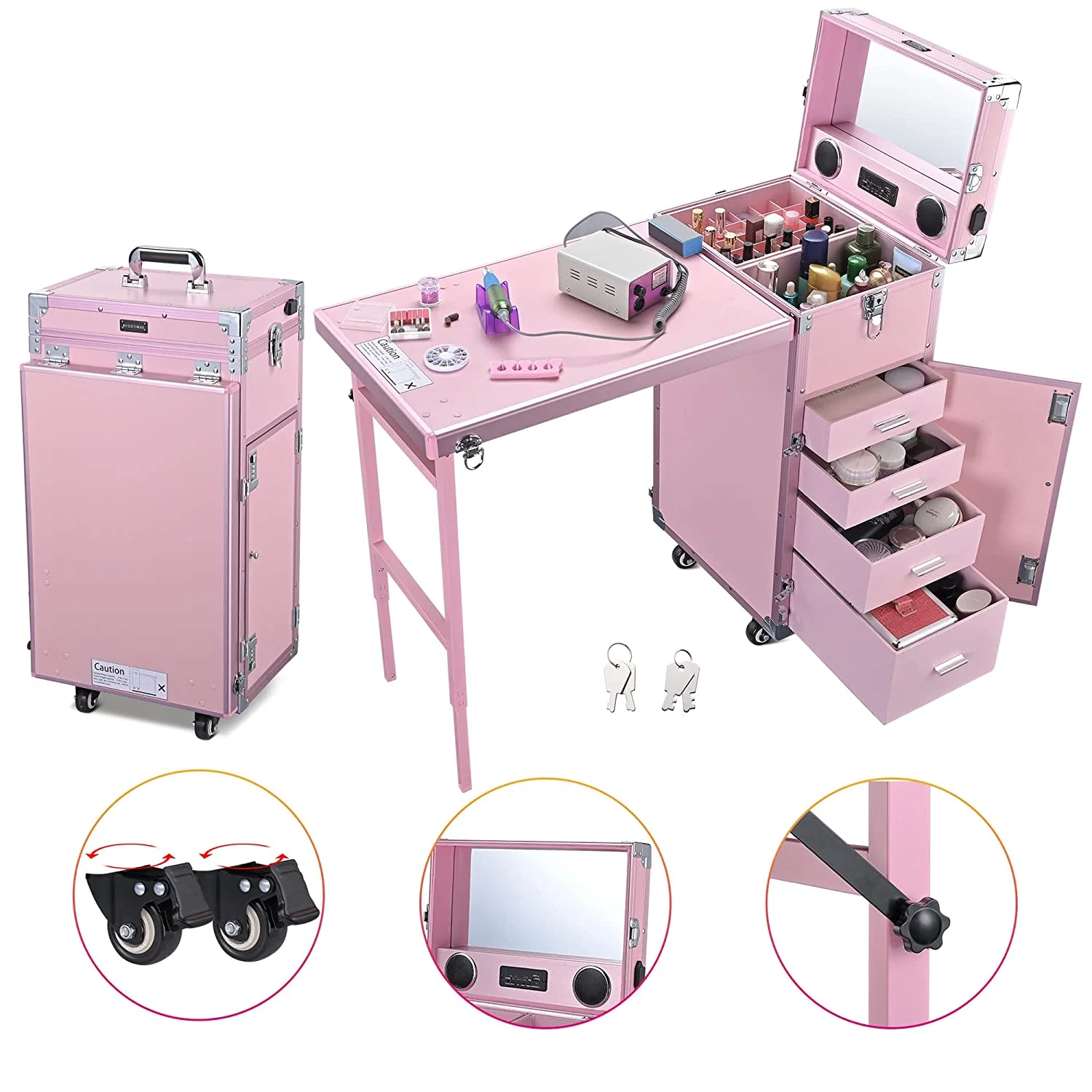 BYOOTIQUE Mobile Nail Station Rolling Makeup Train Case With Mirror, 4 Drawers - Pink - Image 2
