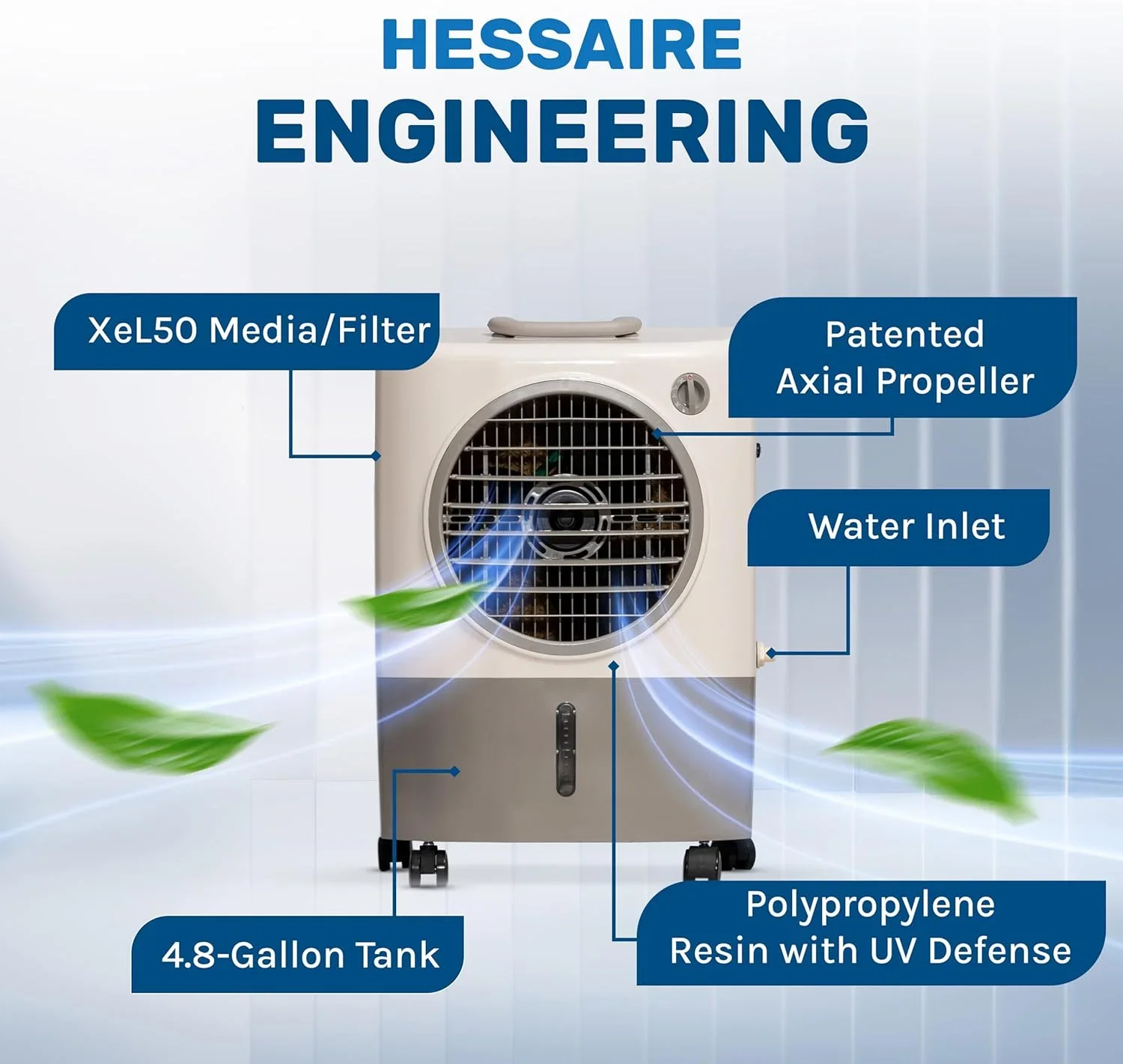 Hessaire Evaporative Air Cooler, 1300 CFM, 2-Speed Fan, 4.8-Gallon Tank, 53.4 dB, 500 Sq. Ft., White - MC18M - Image 4